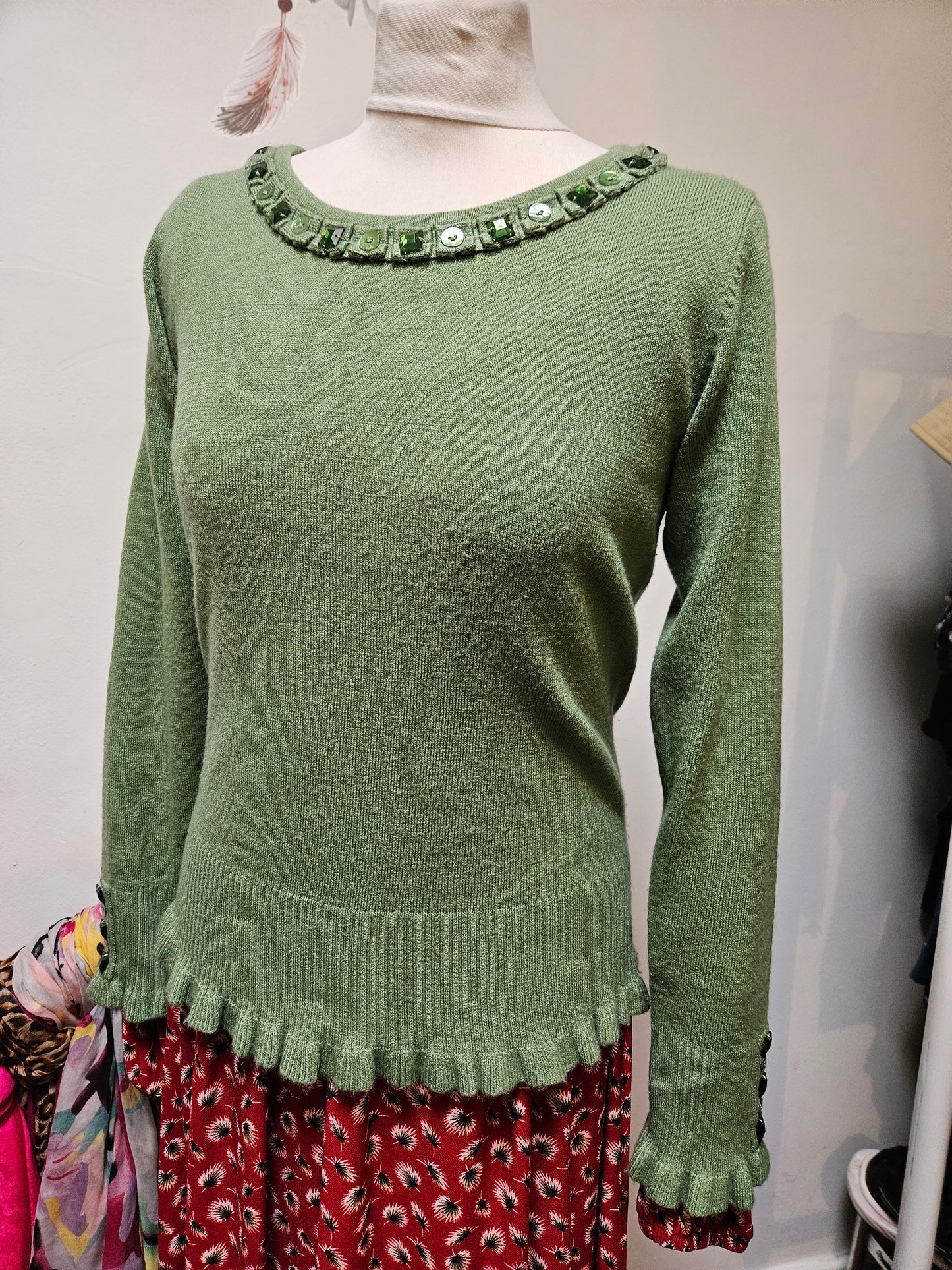 II Text green jumper.woth decorative buttons, size S