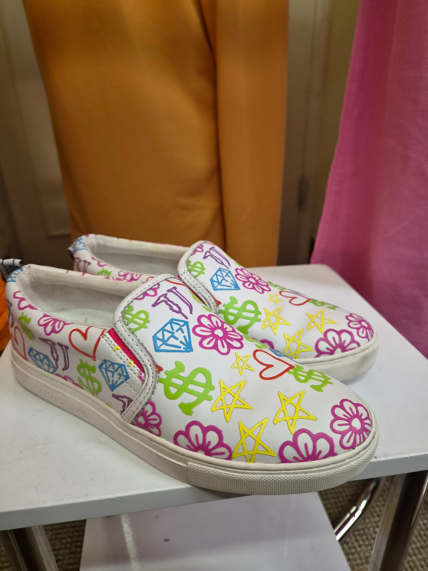 Trussardi Jeans graffiti print slip-on sneakers featuring colorful hearts and dollar signs, size 5