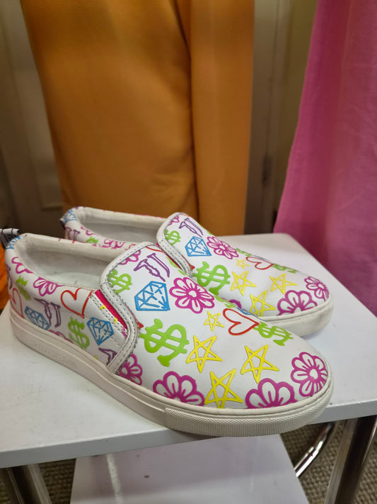 Trussardi Jeans graffiti print slip-on sneakers featuring colorful hearts and dollar signs, size 5