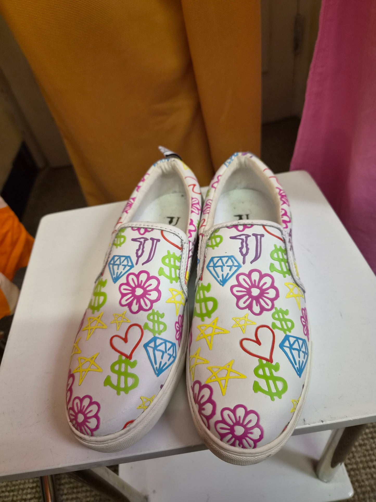 Trussardi Jeans graffiti print slip-on sneakers featuring colorful hearts and dollar signs, size 5