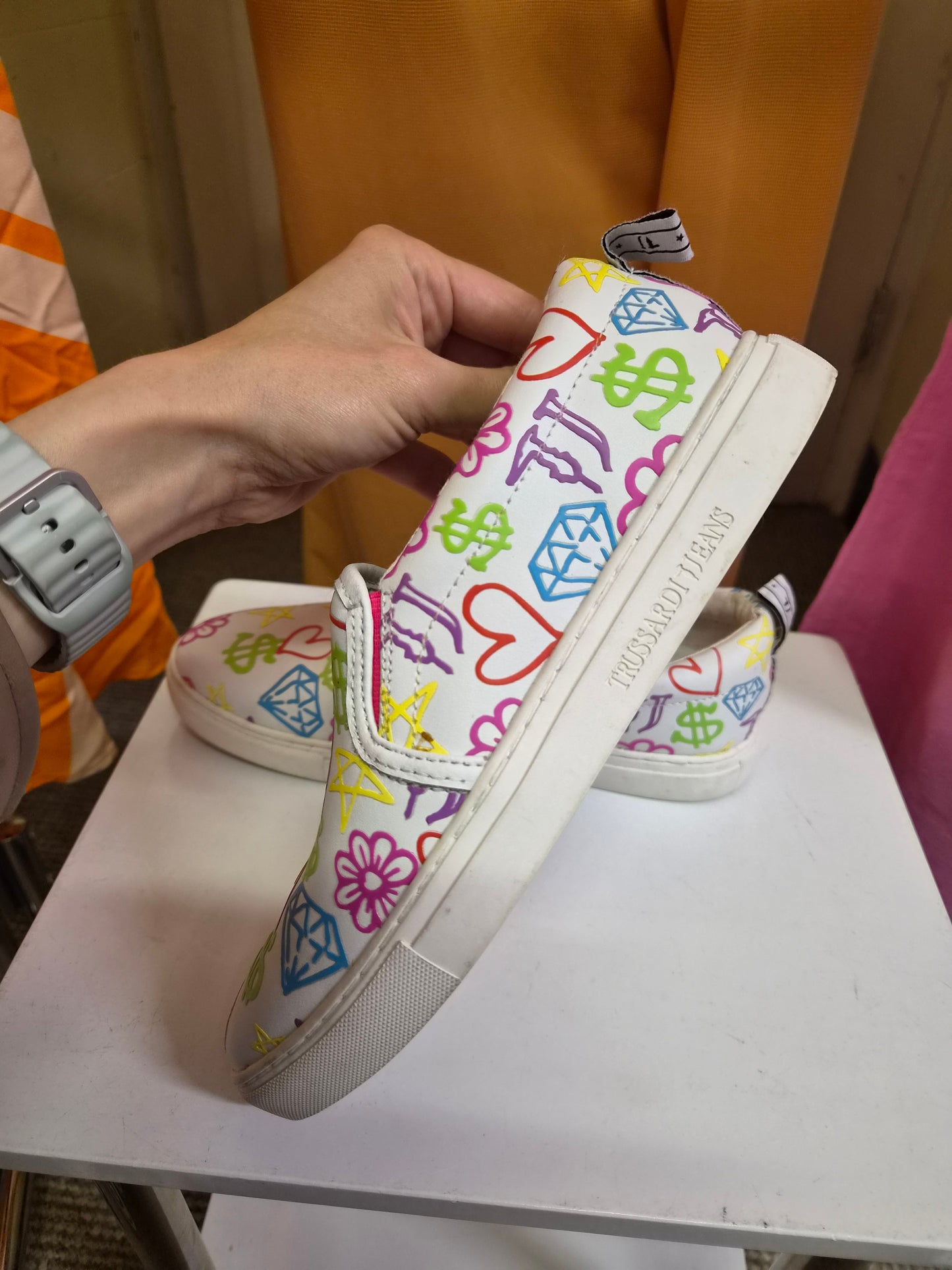 Trussardi Jeans graffiti print slip-on sneakers featuring colorful hearts and dollar signs, size 5