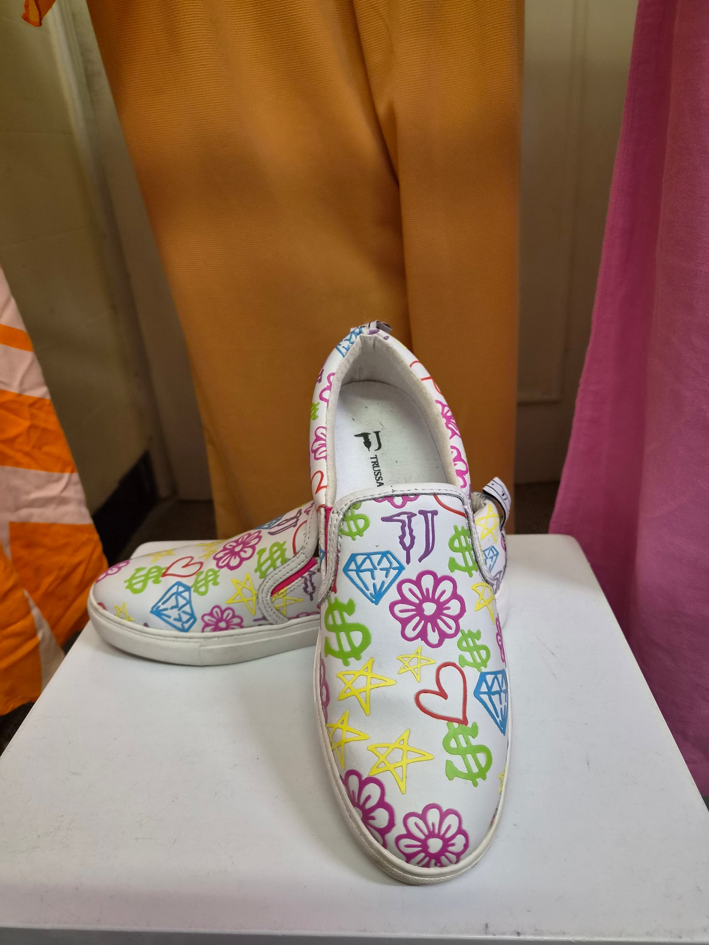 Trussardi Jeans graffiti print slip-on sneakers featuring colorful hearts and dollar signs, size 5