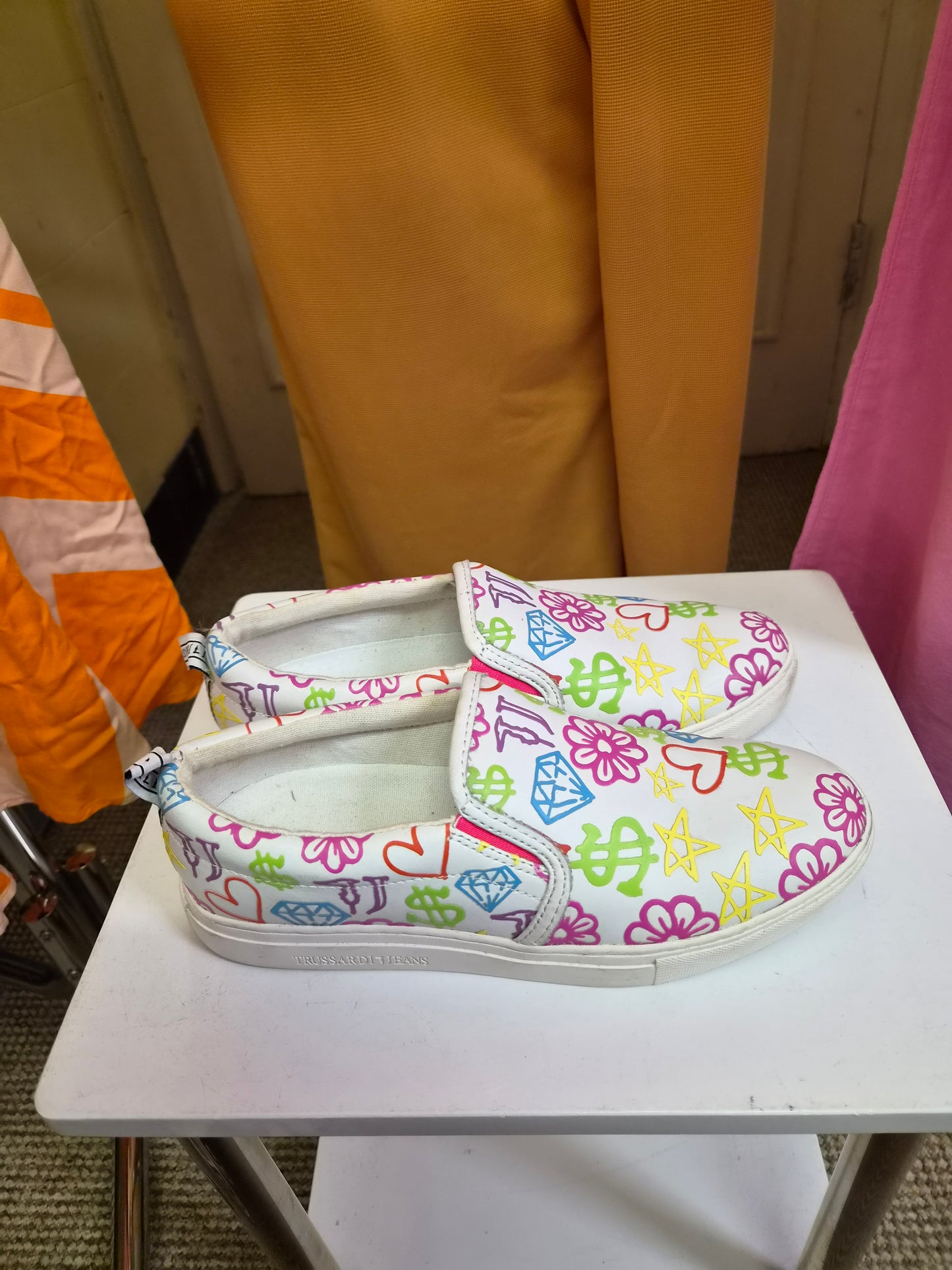 Trussardi Jeans graffiti print slip-on sneakers featuring colorful hearts and dollar signs, size 5