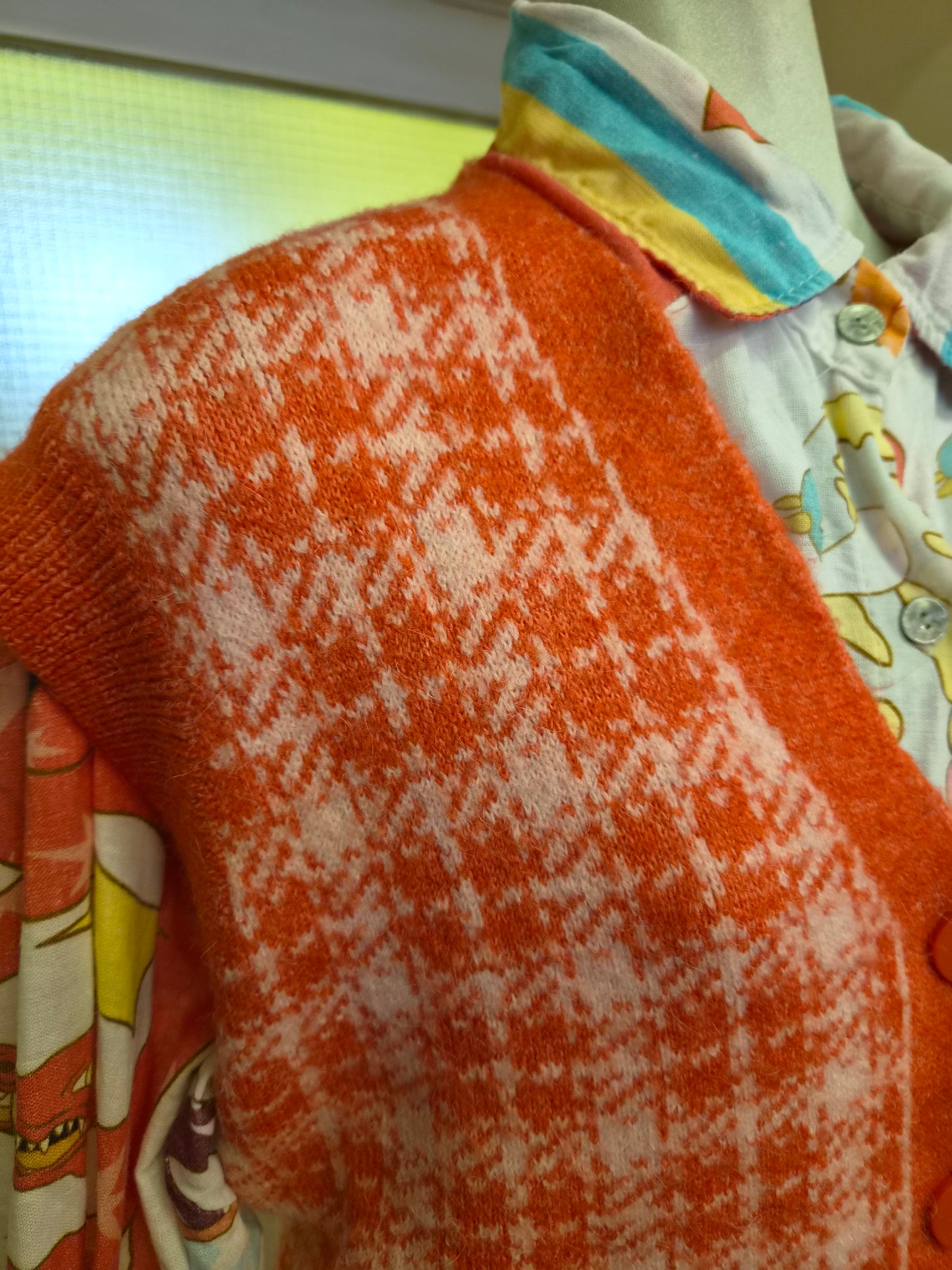 Primark, orange and white houndstooth button-up sweater vest, size S