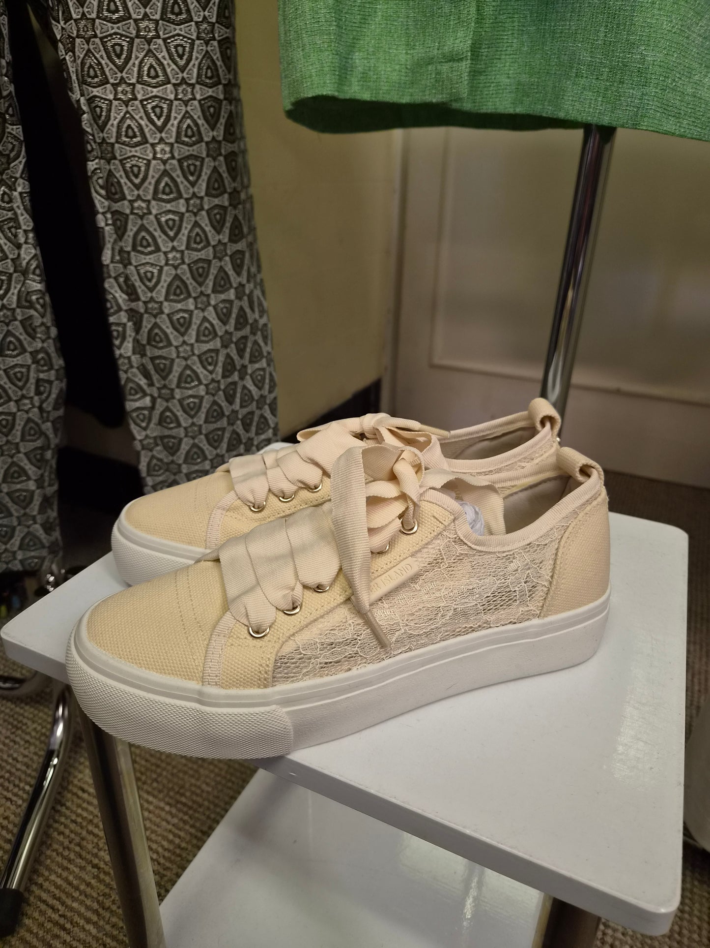 River Island, new trainers with lace overlay and chunky white soles, size 6