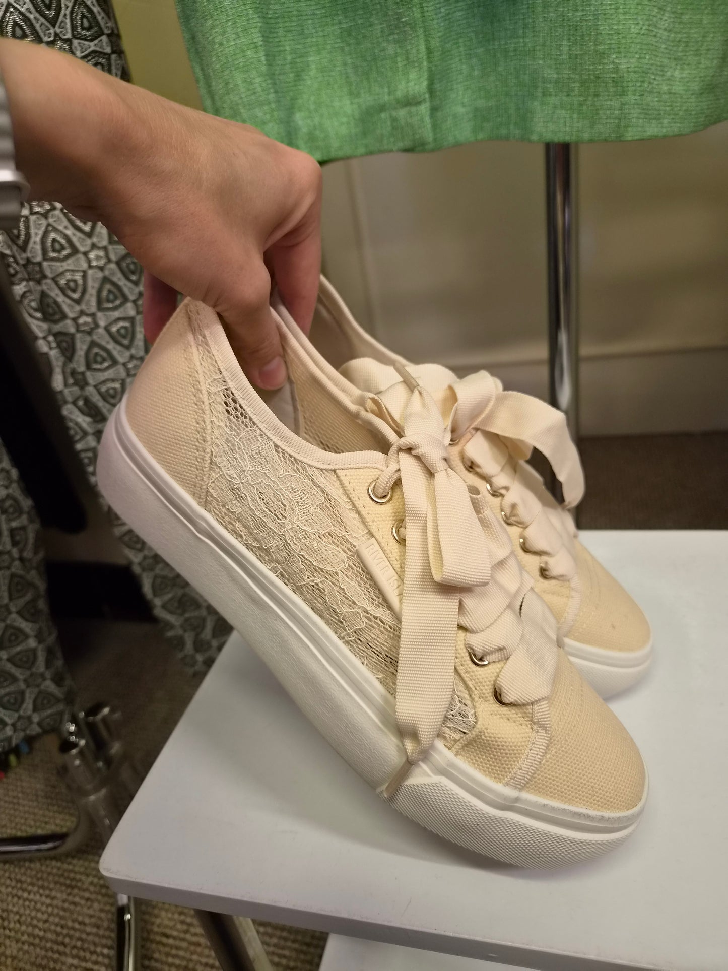 River Island, new trainers with lace overlay and chunky white soles, size 6