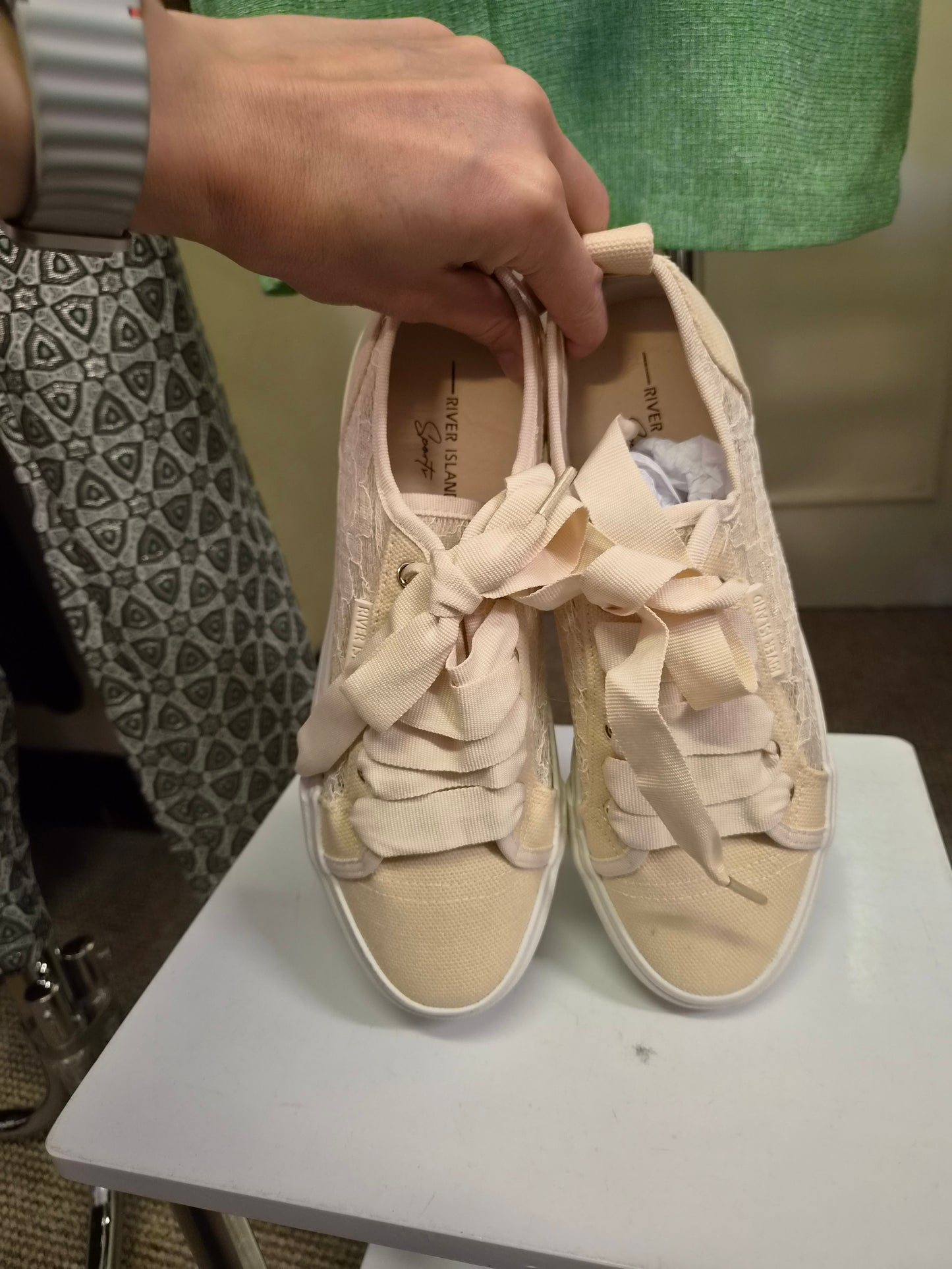 River Island, new trainers with lace overlay and chunky white soles, size 6