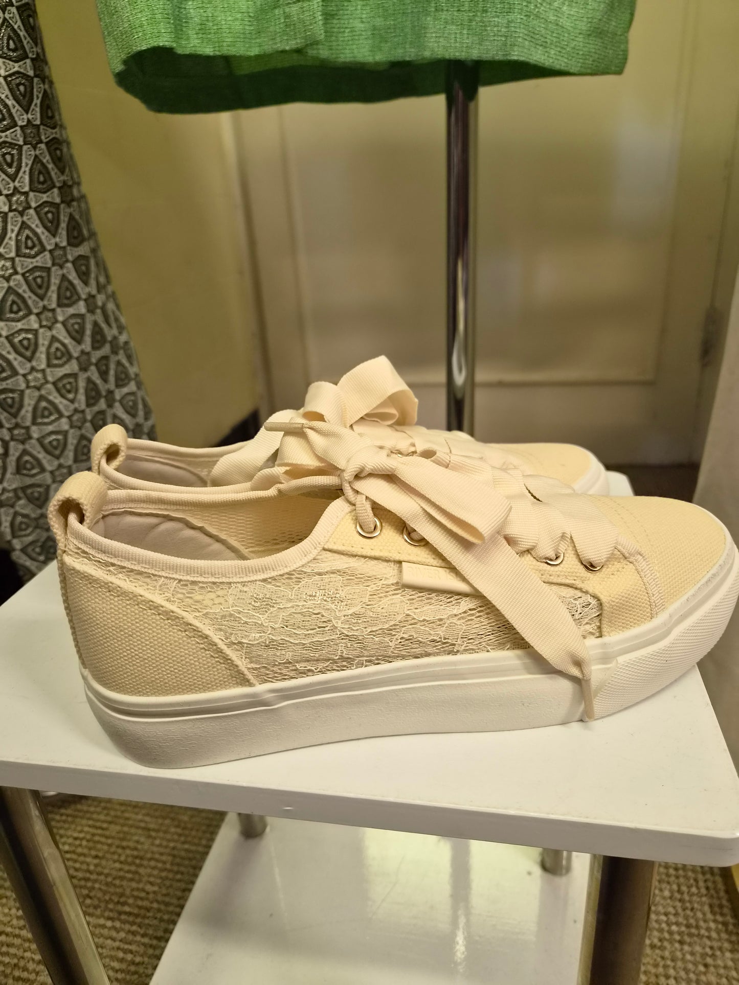 River Island, new trainers with lace overlay and chunky white soles, size 6