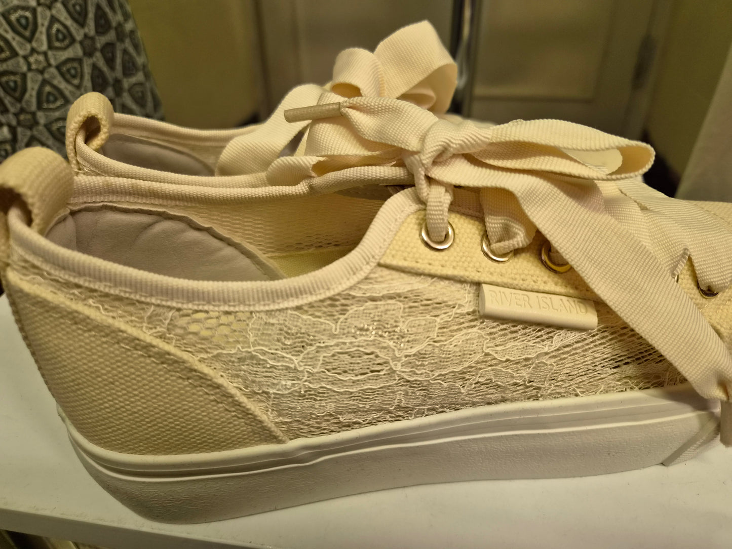 River Island, new trainers with lace overlay and chunky white soles, size 6