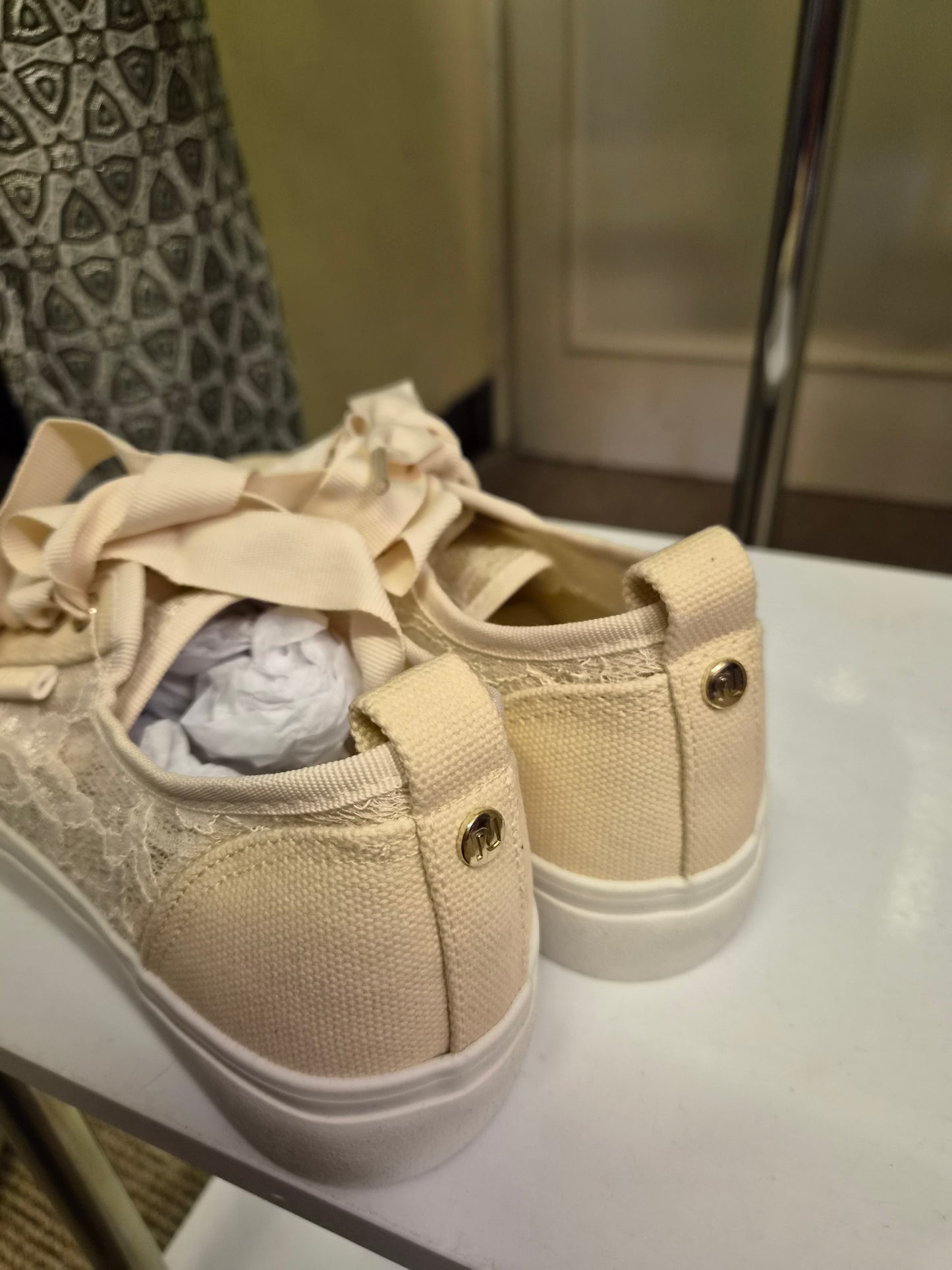 River Island, new trainers with lace overlay and chunky white soles, size 6