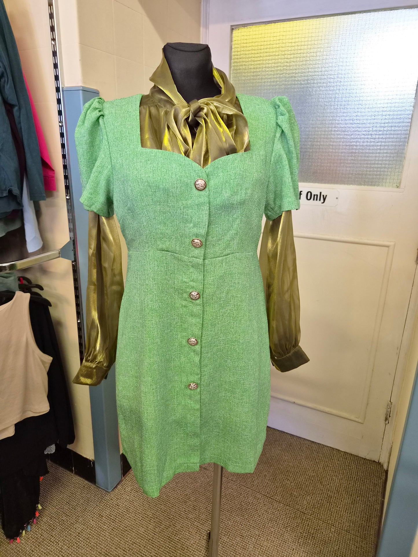 Shein, sweetheart neck, puff sleeve, button front dress, size L