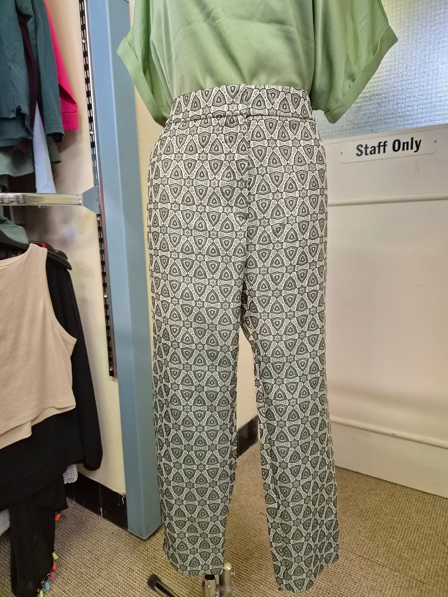 Next, geometric patterned straight-leg trousers, size 18