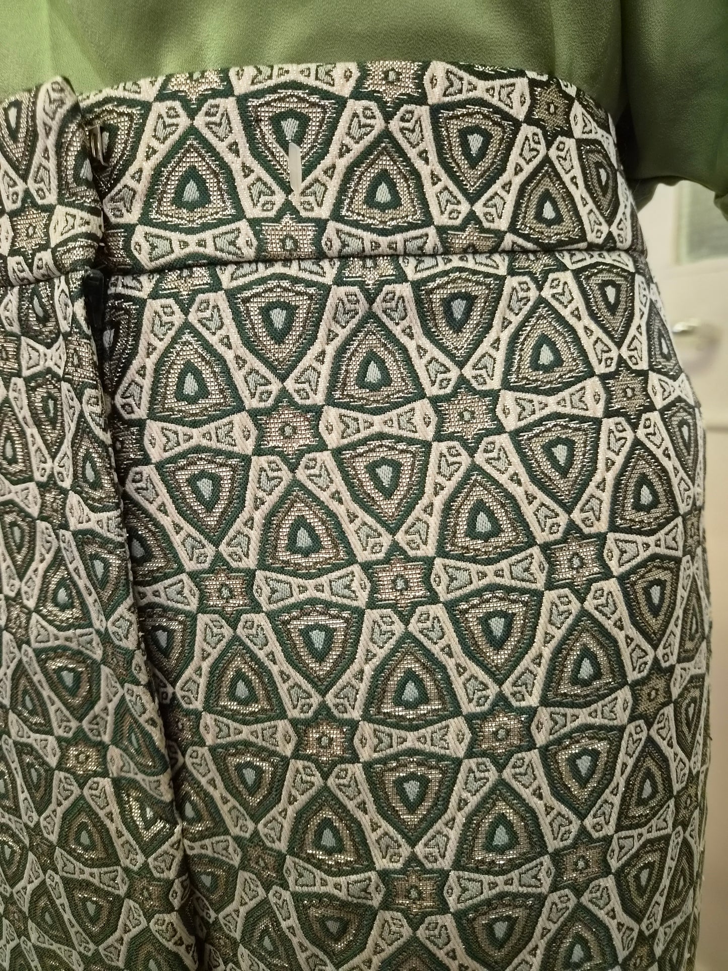 Next, geometric patterned straight-leg trousers, size 18