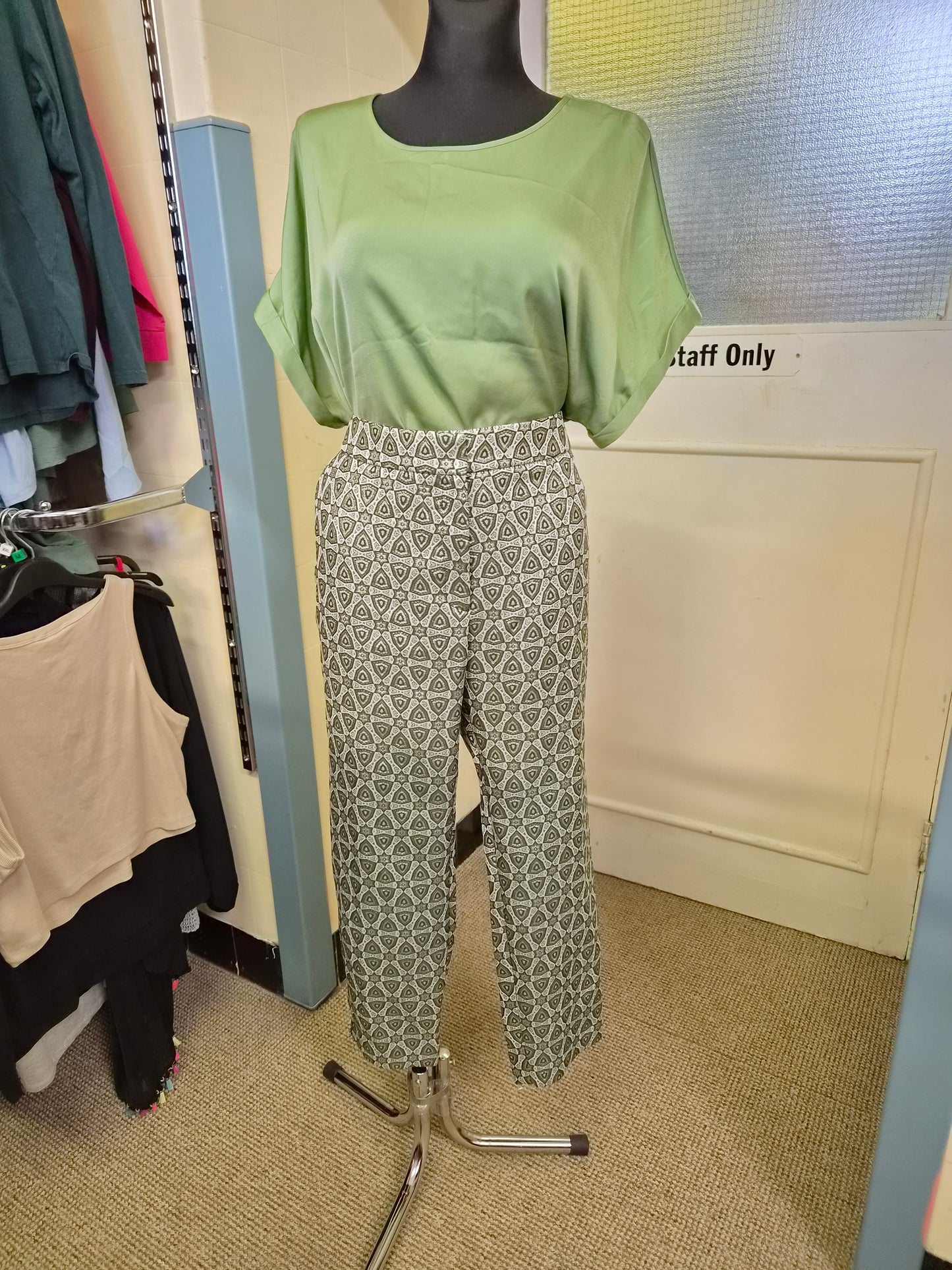 Next, geometric patterned straight-leg trousers, size 18