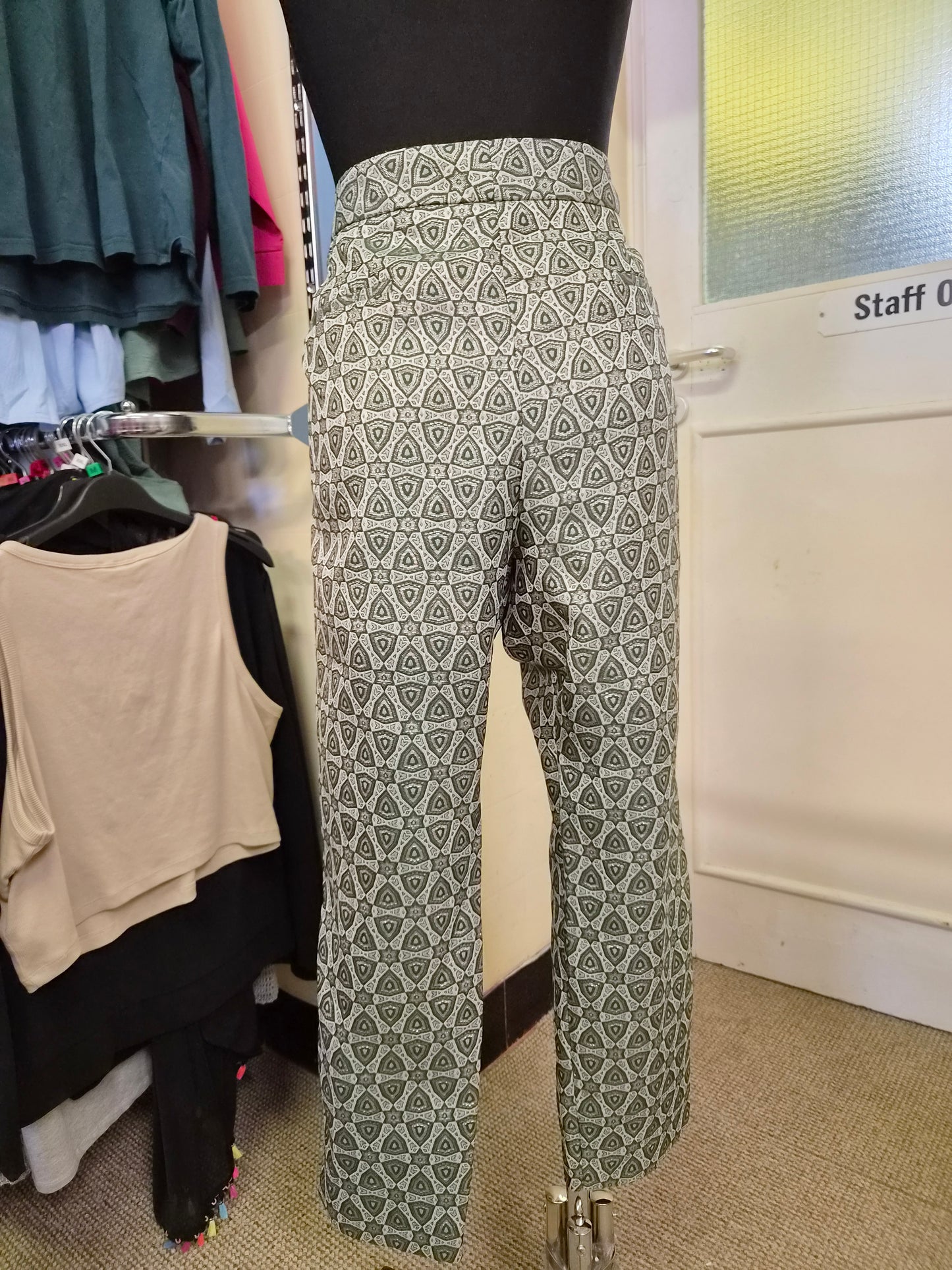 Next, geometric patterned straight-leg trousers, size 18
