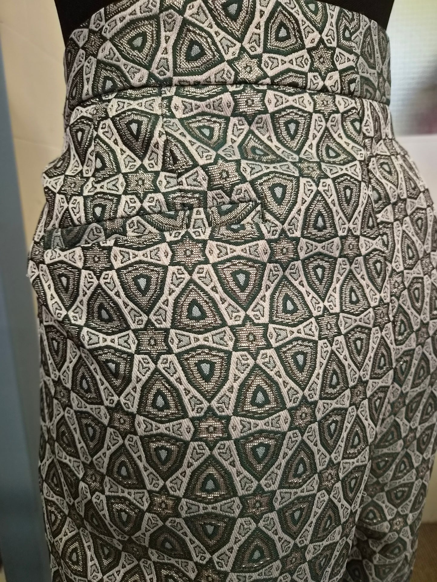 Next, geometric patterned straight-leg trousers, size 18