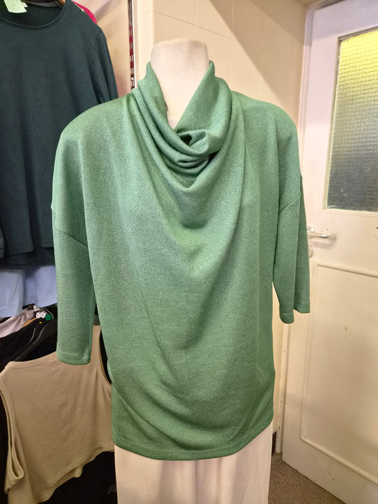 Gallery, sage green, lightweight top, relaxed cowl neckline, size XS