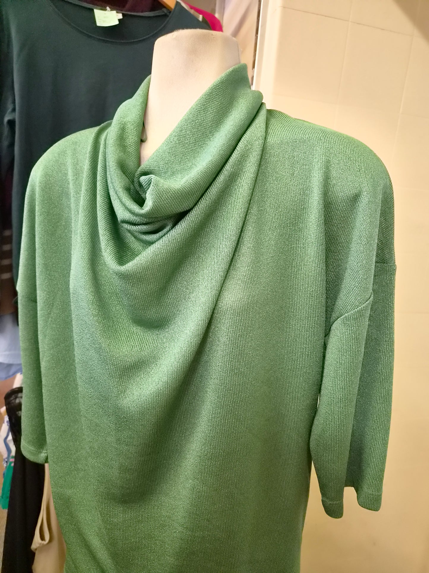 Gallery, sage green, lightweight top, relaxed cowl neckline, size XS