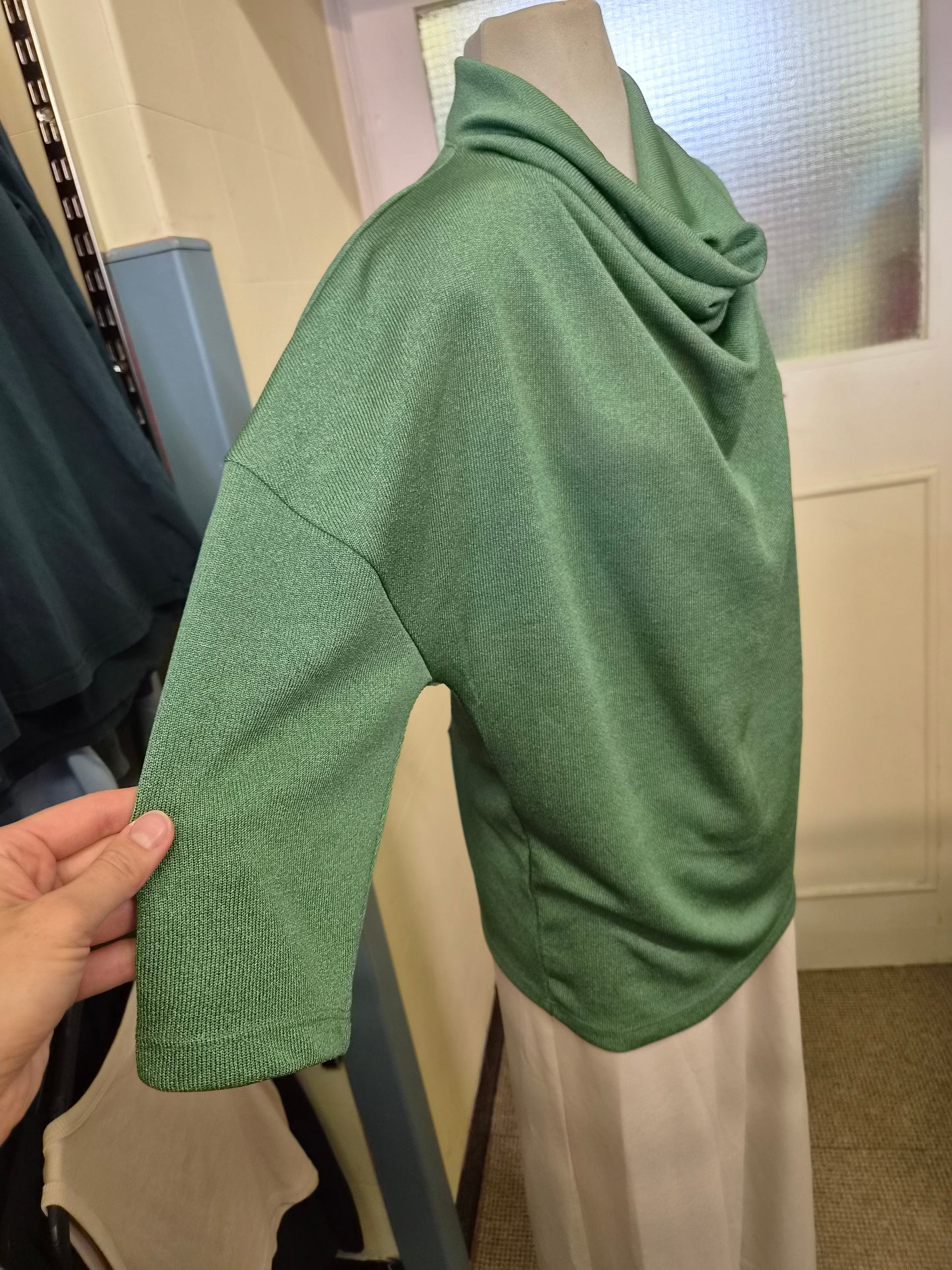 Gallery, sage green, lightweight top, relaxed cowl neckline, size XS