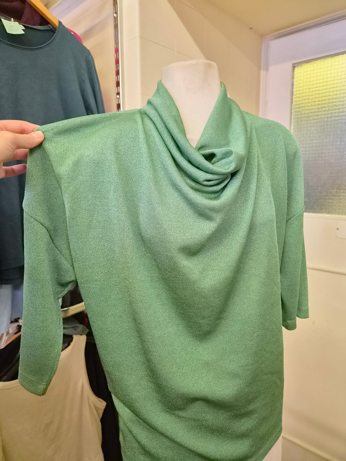 Gallery, sage green, lightweight top, relaxed cowl neckline, size XS