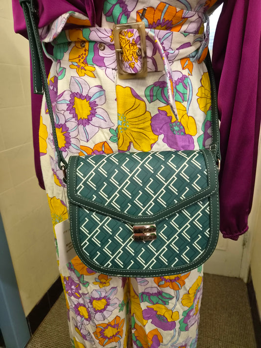 Primark, Monogram Geometric Saddle Crossbody Bag in green and white, new