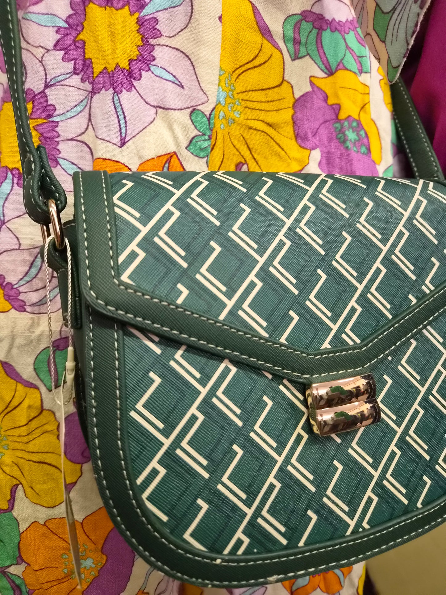 Primark, Monogram Geometric Saddle Crossbody Bag in green and white, new
