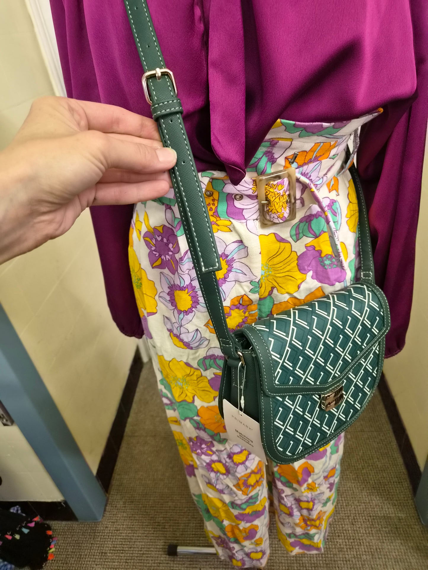 Primark, Monogram Geometric Saddle Crossbody Bag in green and white, new