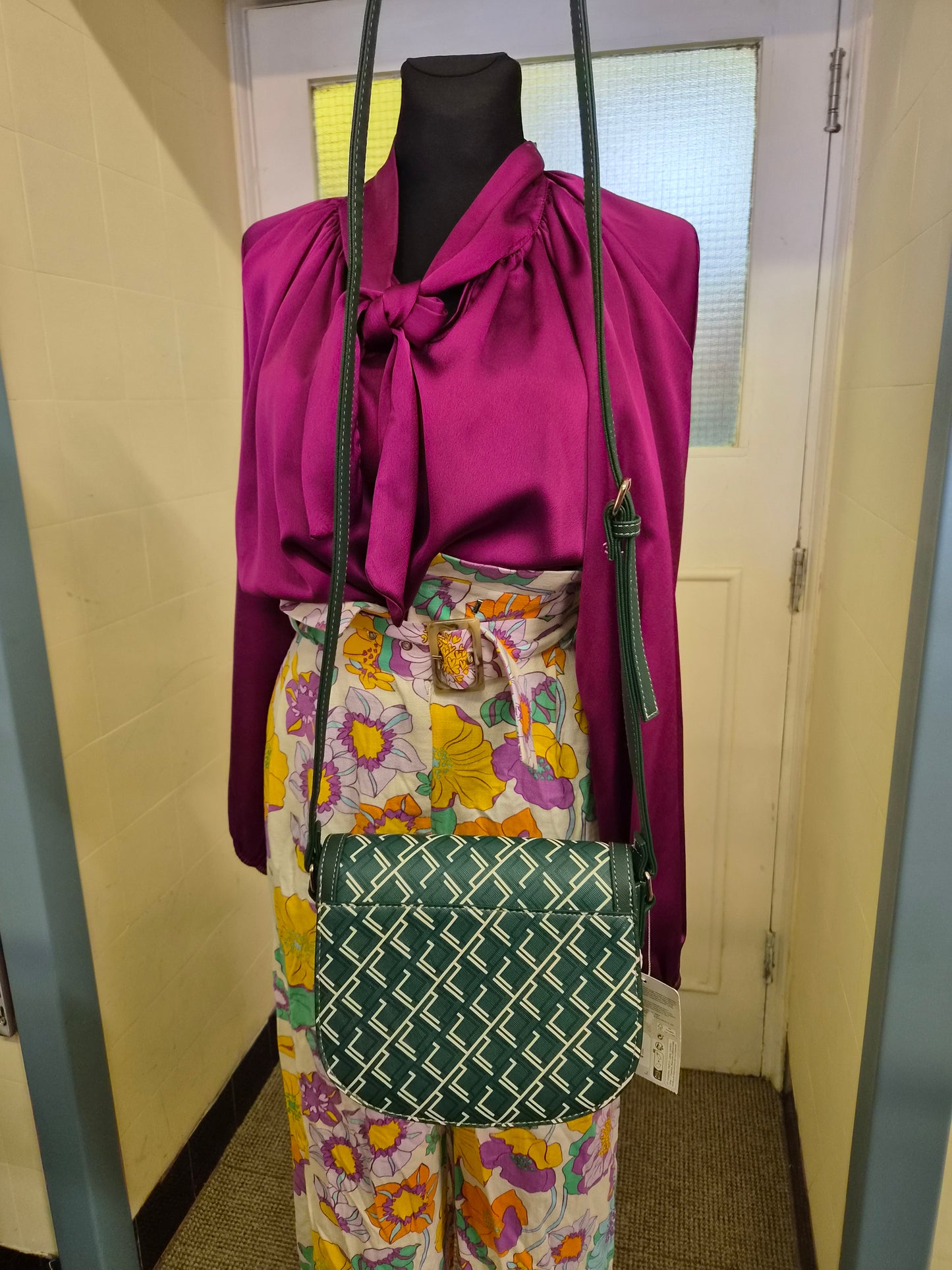 Primark, Monogram Geometric Saddle Crossbody Bag in green and white, new