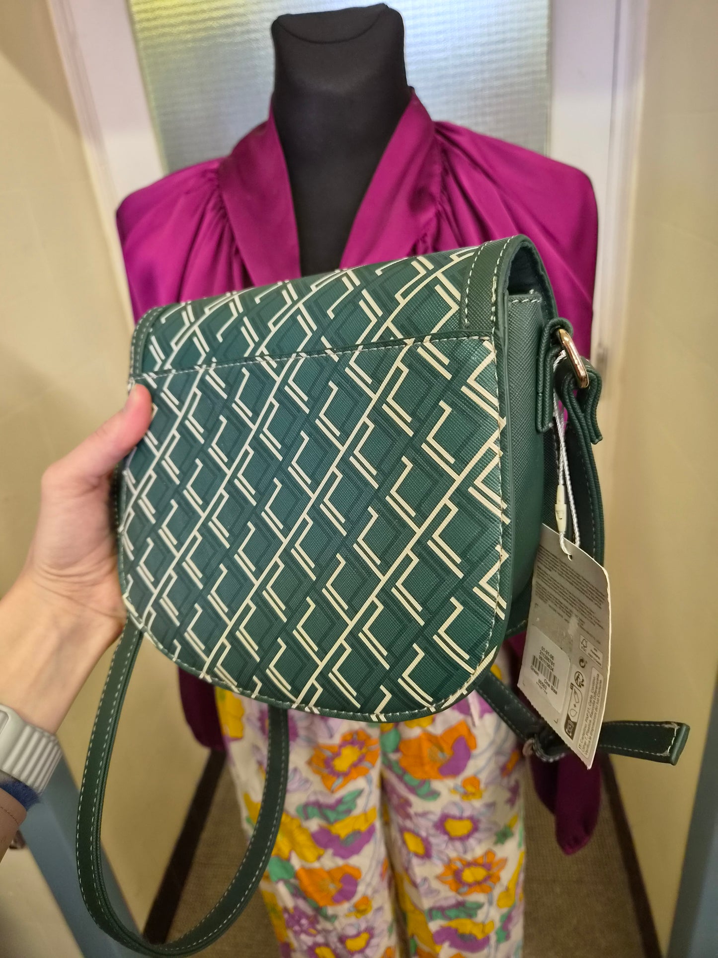 Primark, Monogram Geometric Saddle Crossbody Bag in green and white, new
