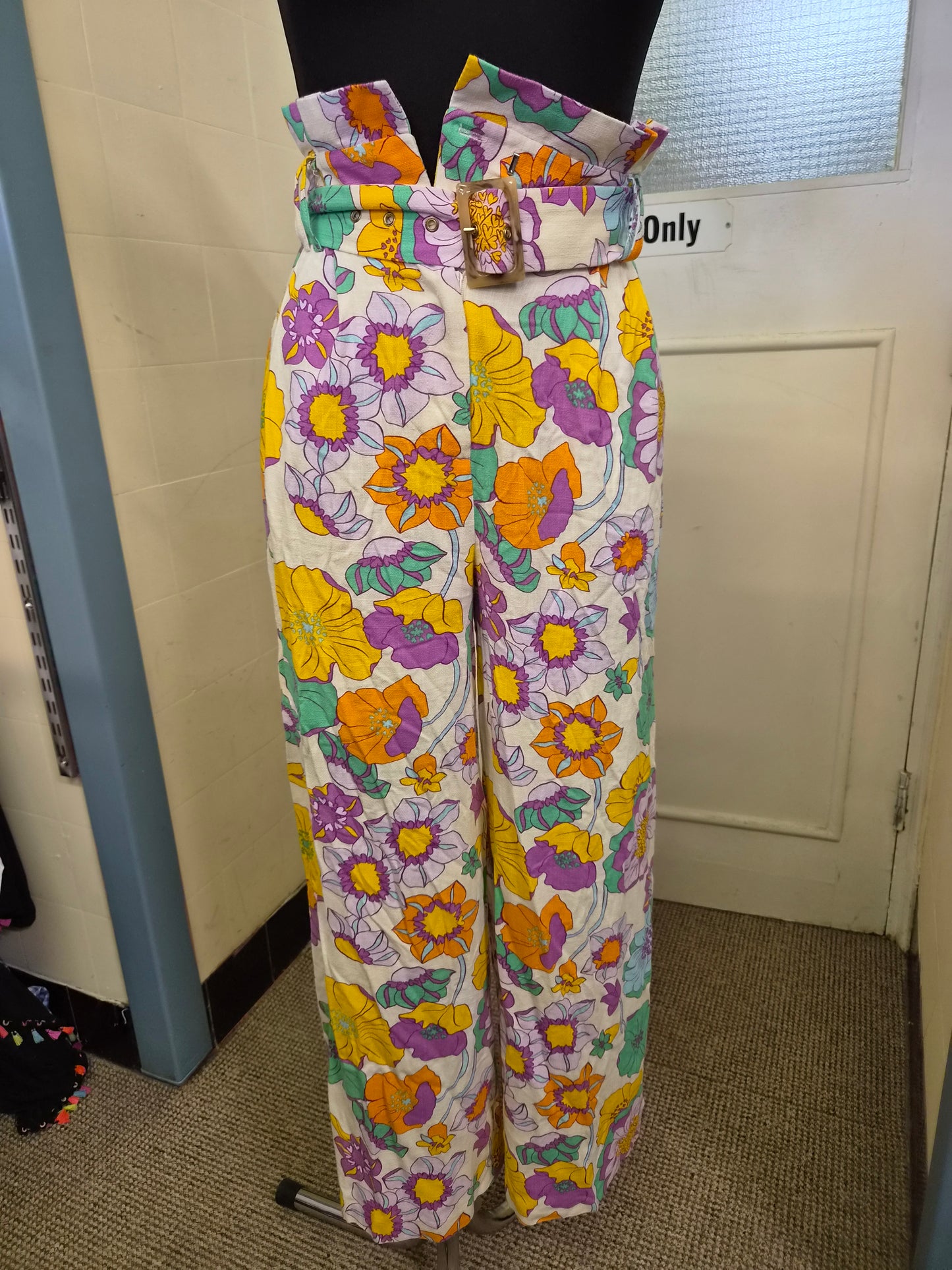 ASOS DESIGN Oversized, Floral, Printed Paperbag Waist, Wide Leg Trouser,  with Linen, size XS (UK 4)