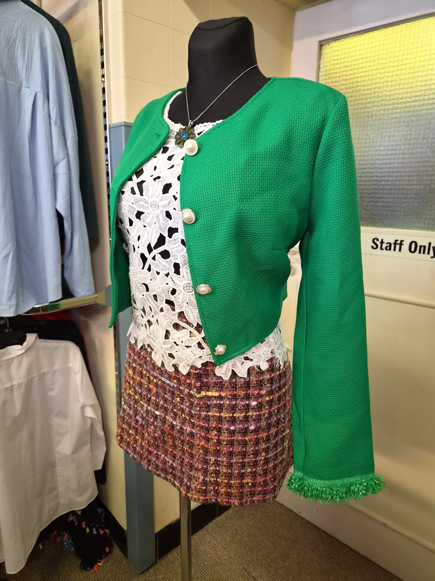 Shein, green cropped jacket with golden buttons, size L