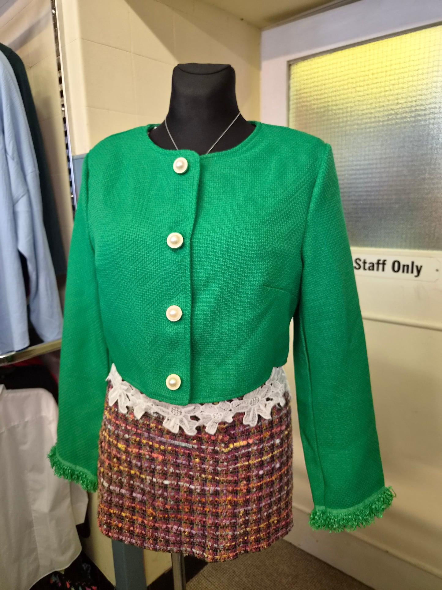 Shein, green cropped jacket with golden buttons, size L