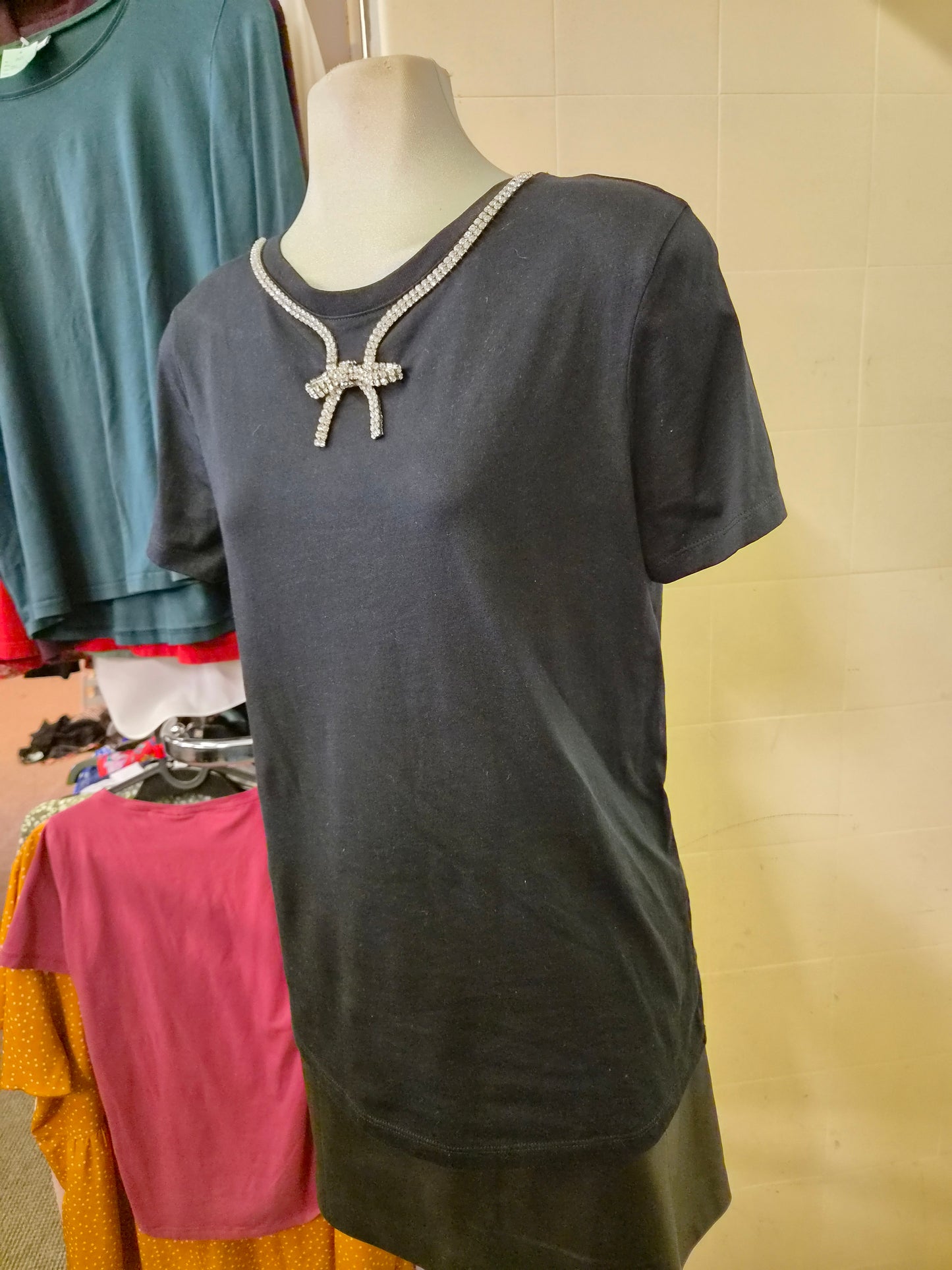 River Island m, black t-shirt with embelished neck line, size 10