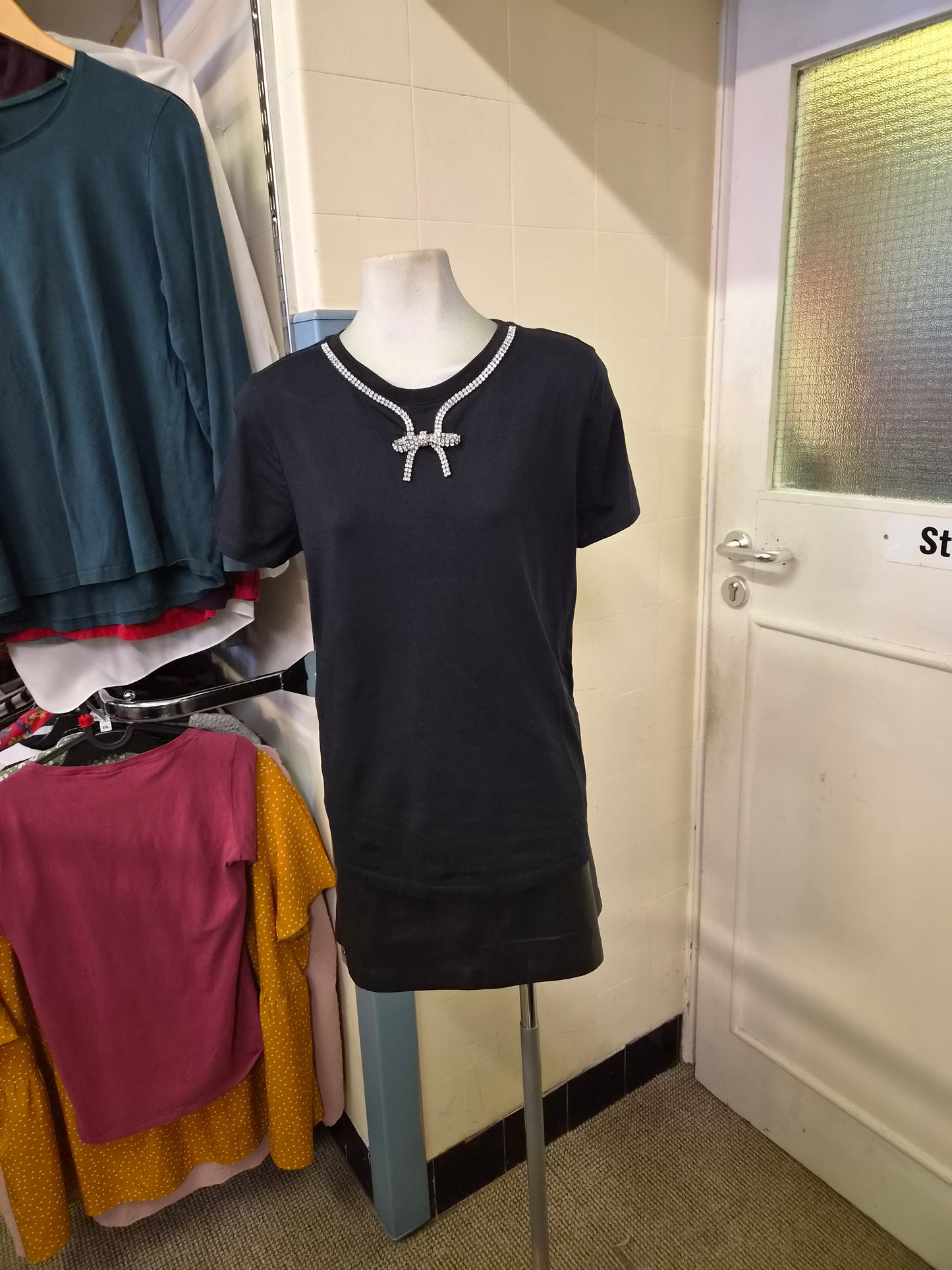 River Island m, black t-shirt with embelished neck line, size 10