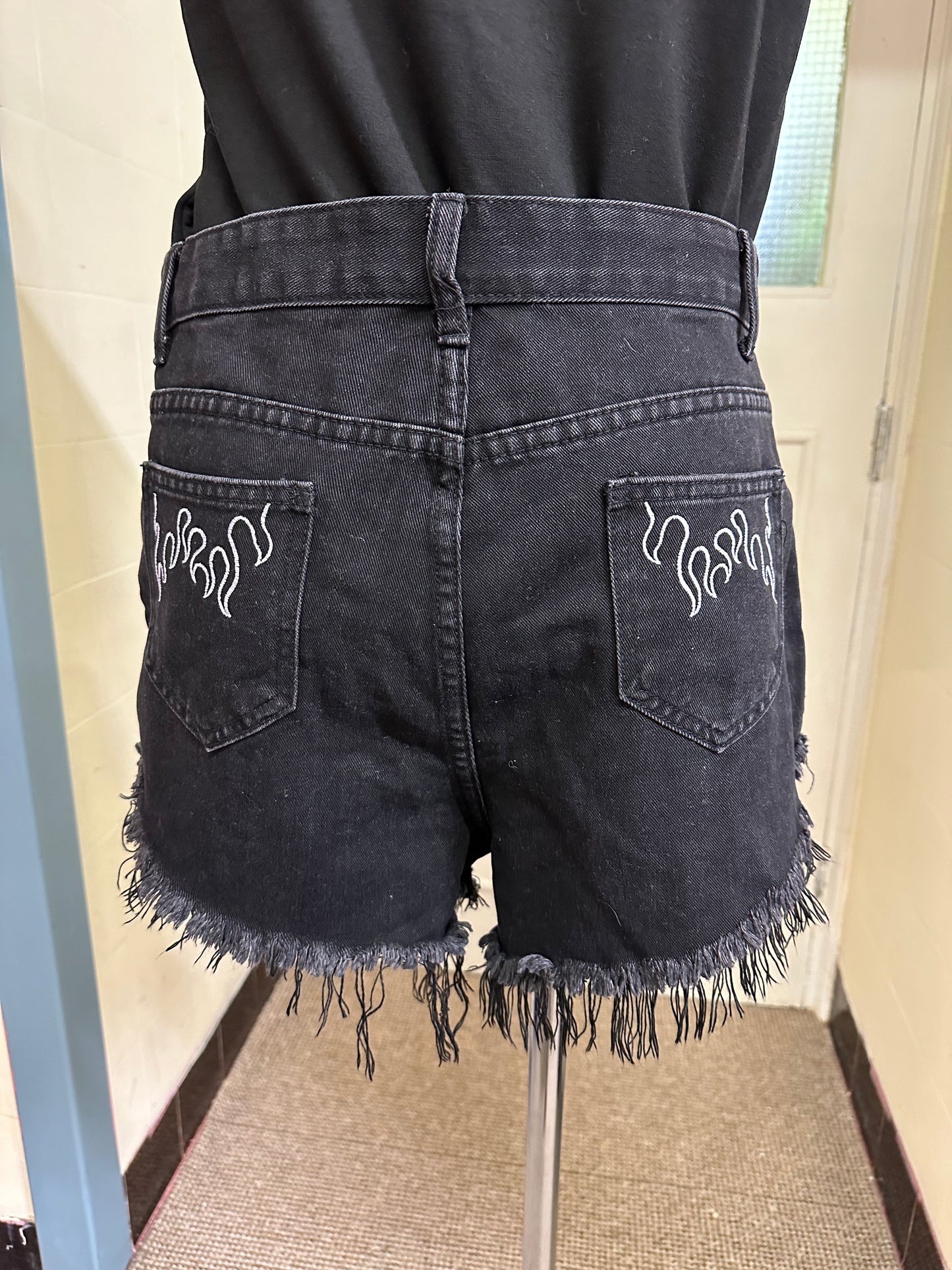 Shein Black Fringed Denim Shorts, small Fitting L (approximate Size 12)