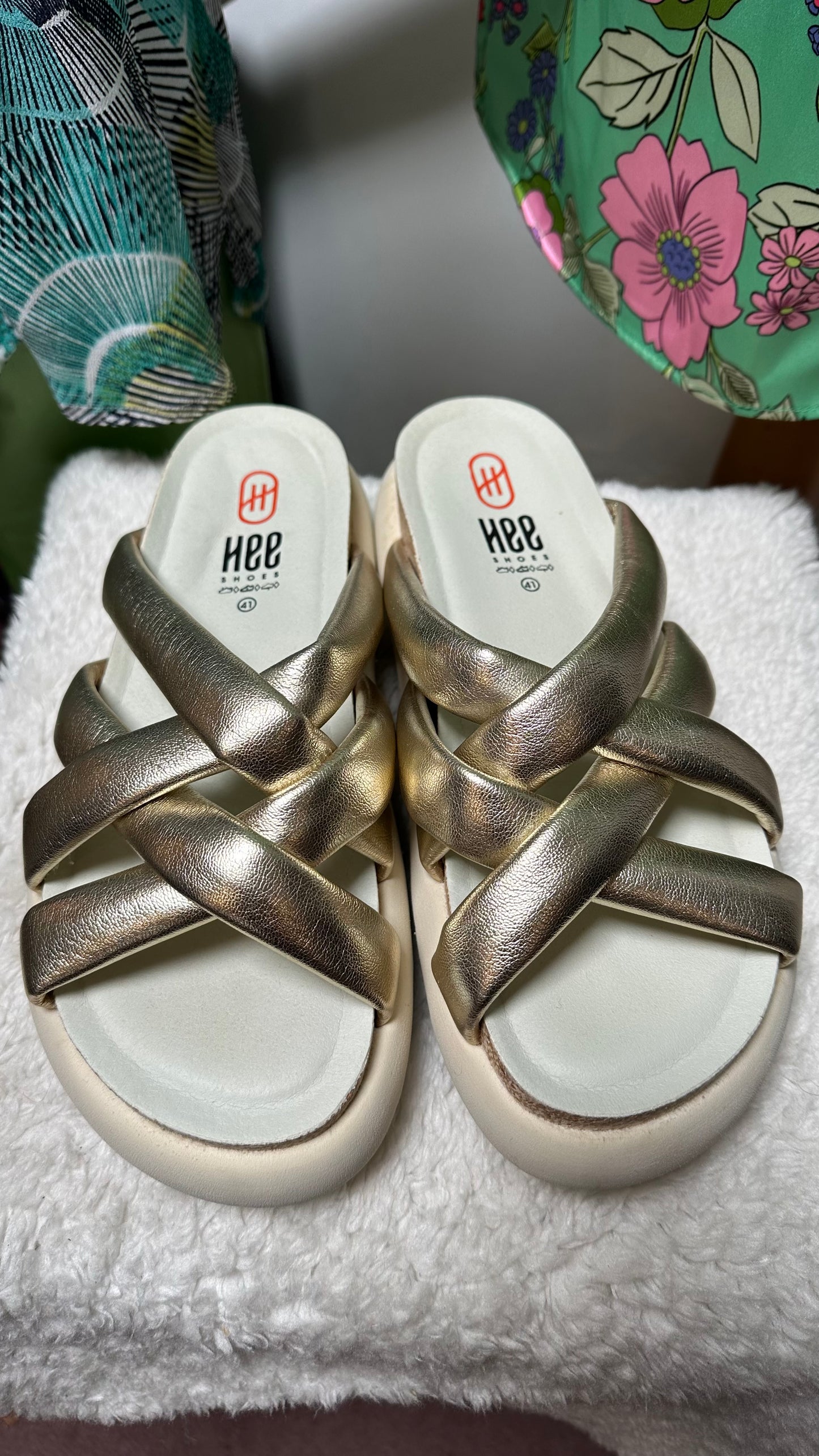 Designer Hee Chunky Gold Leather Saldals Wide Fit Size 41