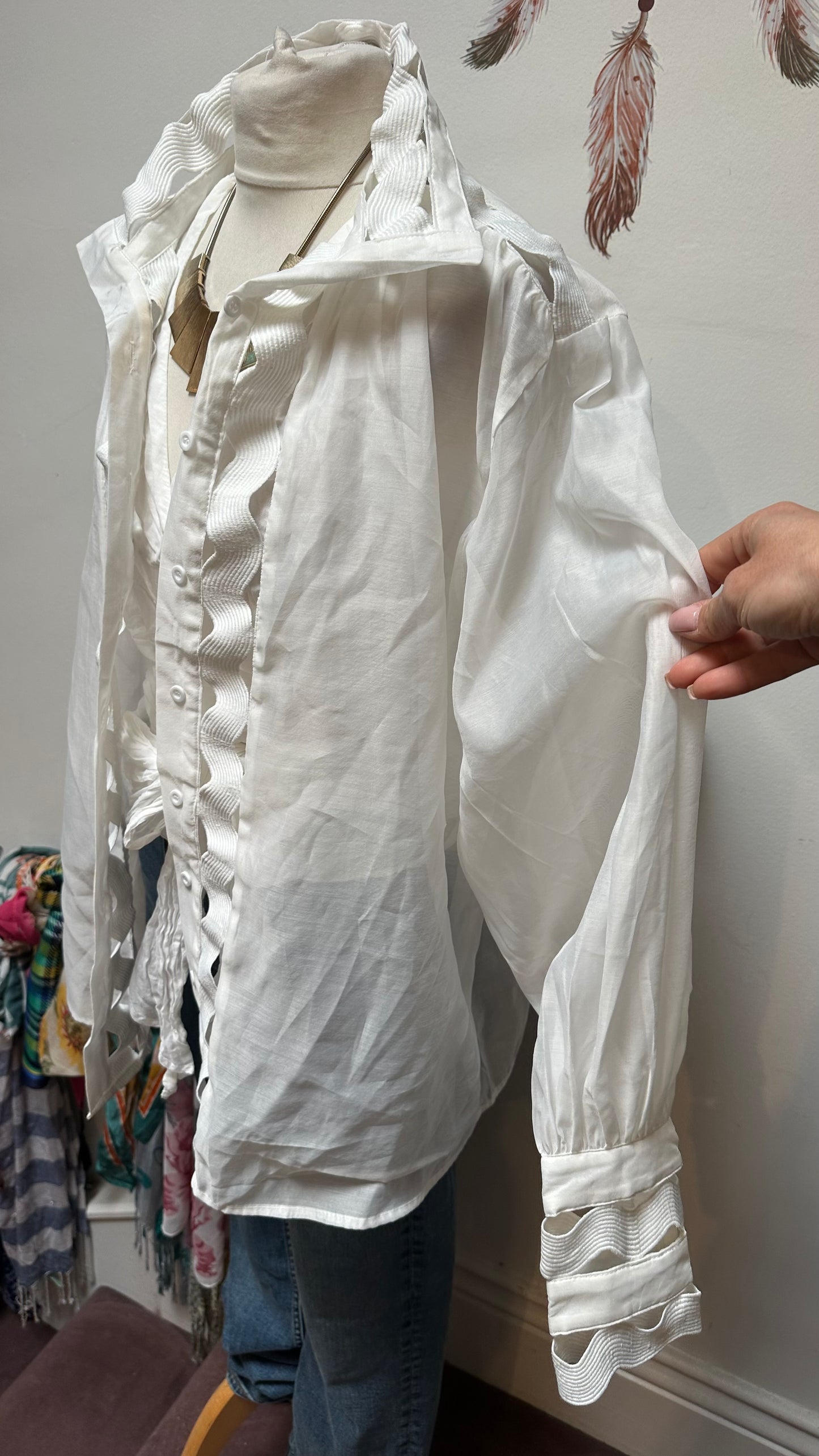 Eccentric White Semi-Sheer Blouse with Zip Cuffs Size L