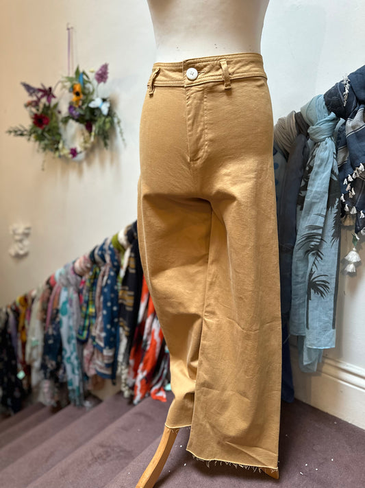 Denim Co Tan Fray Cropped Wide Leg Jeans Size 8 Stretchy