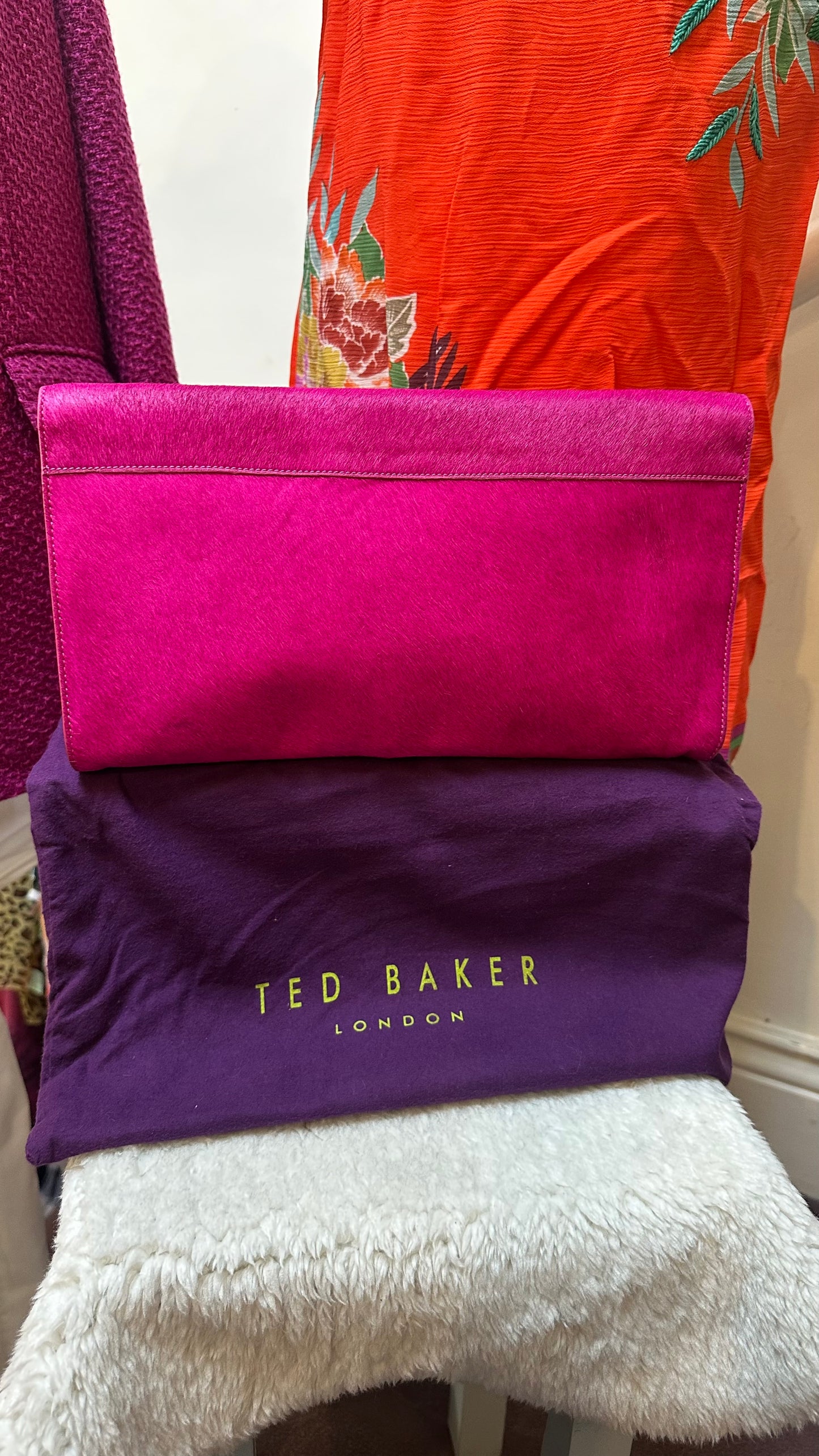 Designer Ted Baker Hot Pink Ciw Hide Clutch with Dustbag (some scratches on the clasp, see last photo)