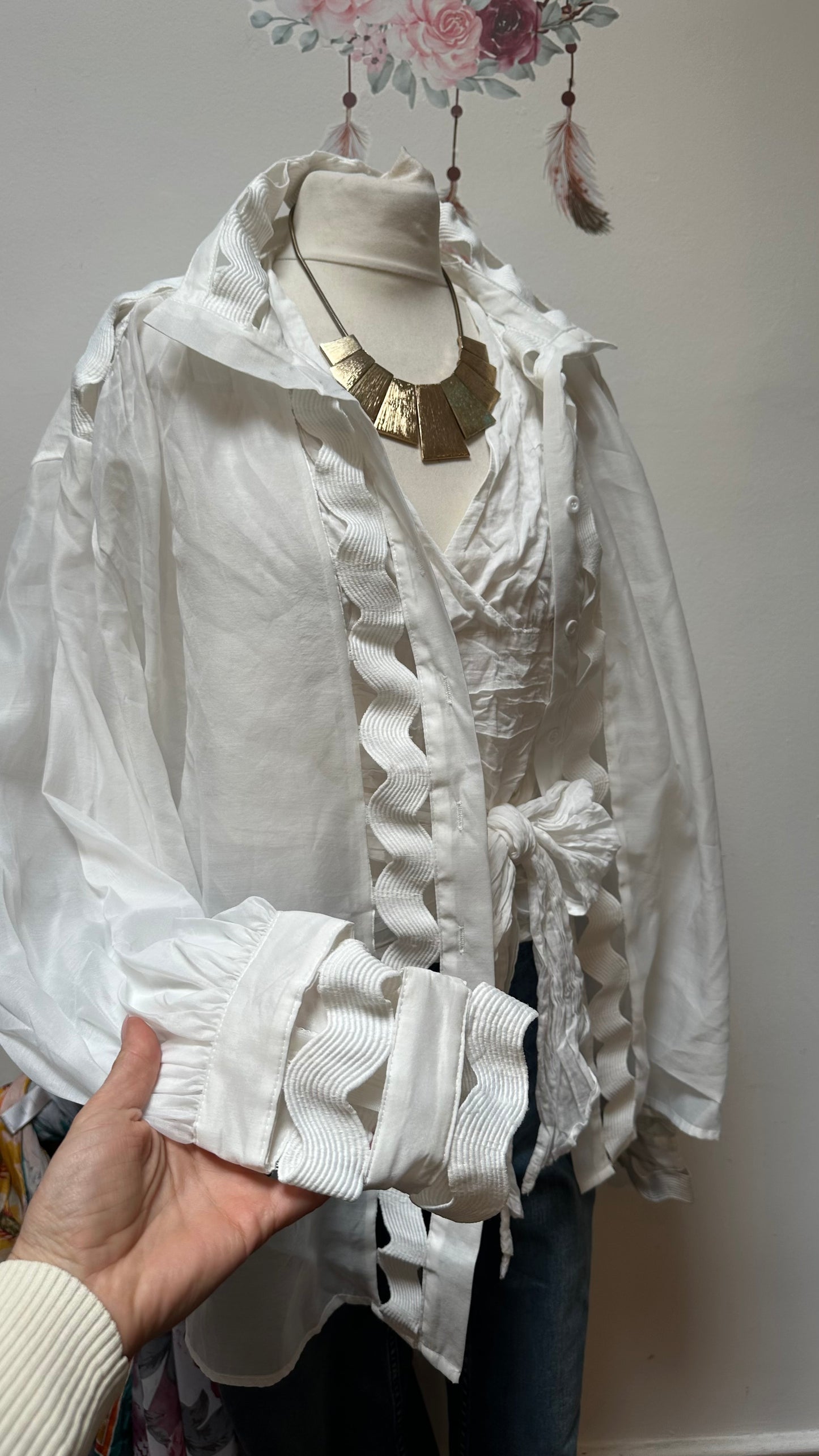 Eccentric White Semi-Sheer Blouse with Zip Cuffs Size L