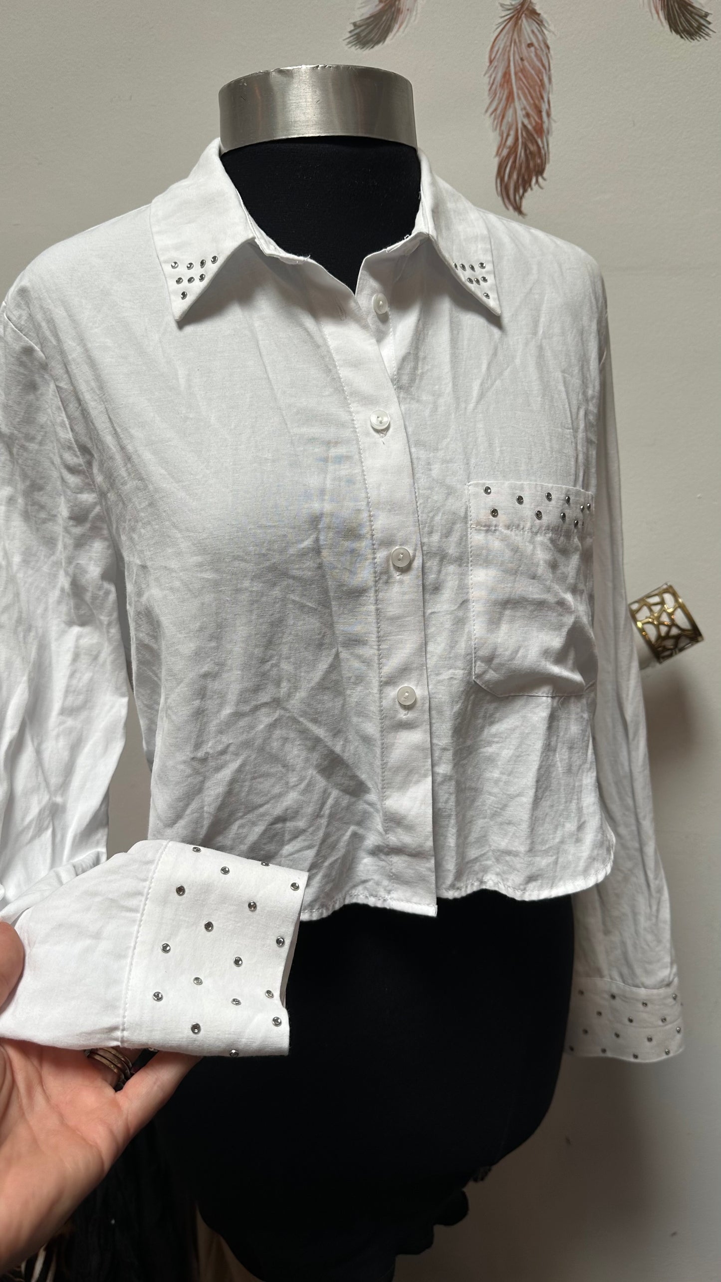 Primark White Cropped Blouse with Stud Detailing Size M