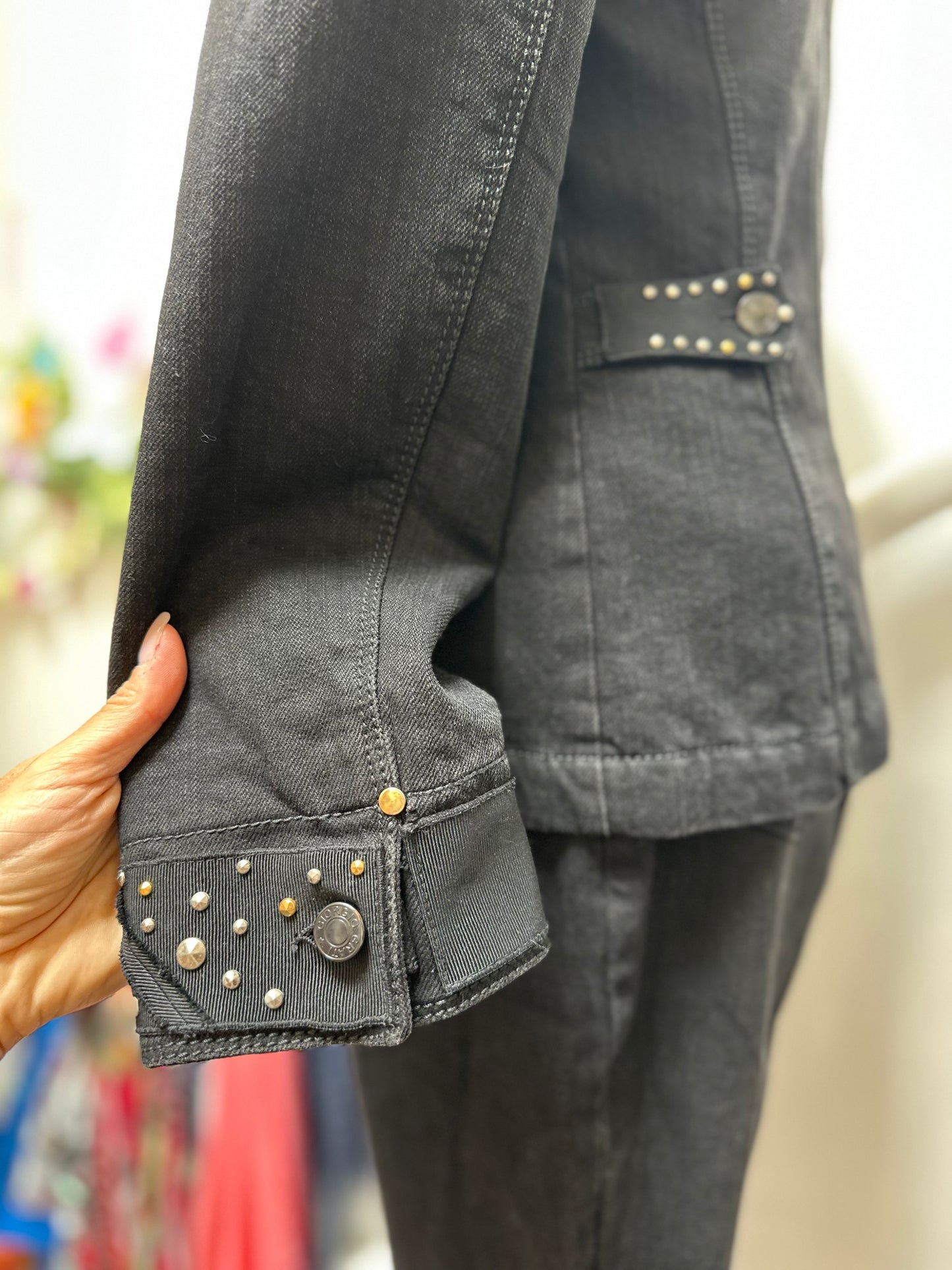 Designer Giorgio Grati Studded Denim Suit Best Fit Size 12 (1 Belt Loop needs a stitch)