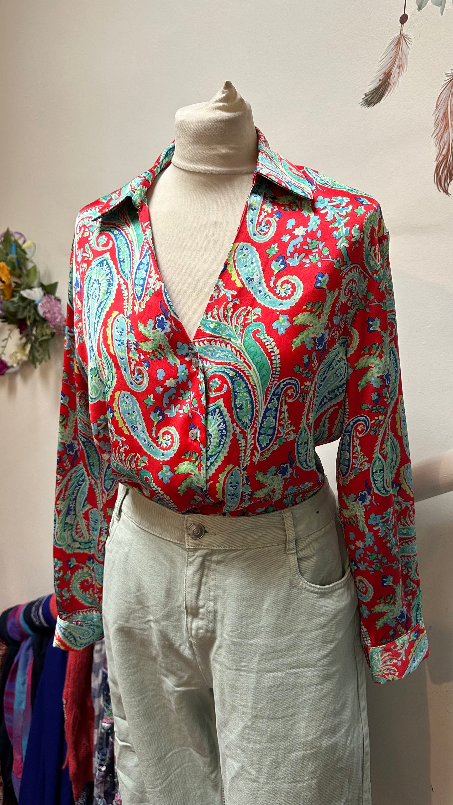 Dunnes Red/Turquoise Paisley Satin Blouse Oversized XS (will fit Size 10)