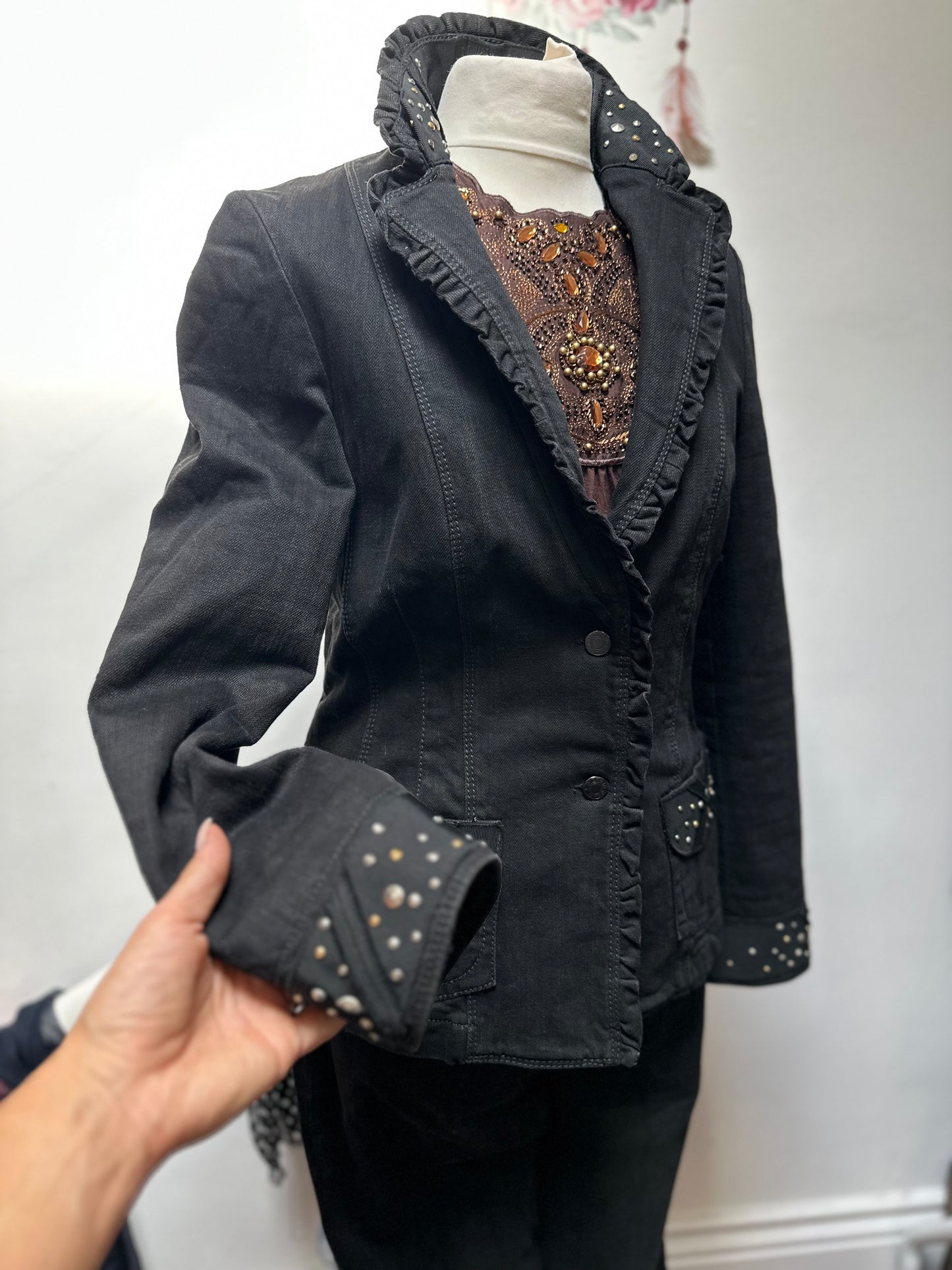 Designer Giorgio Grati Studded Denim Suit Best Fit Size 12 (1 Belt Loop needs a stitch)