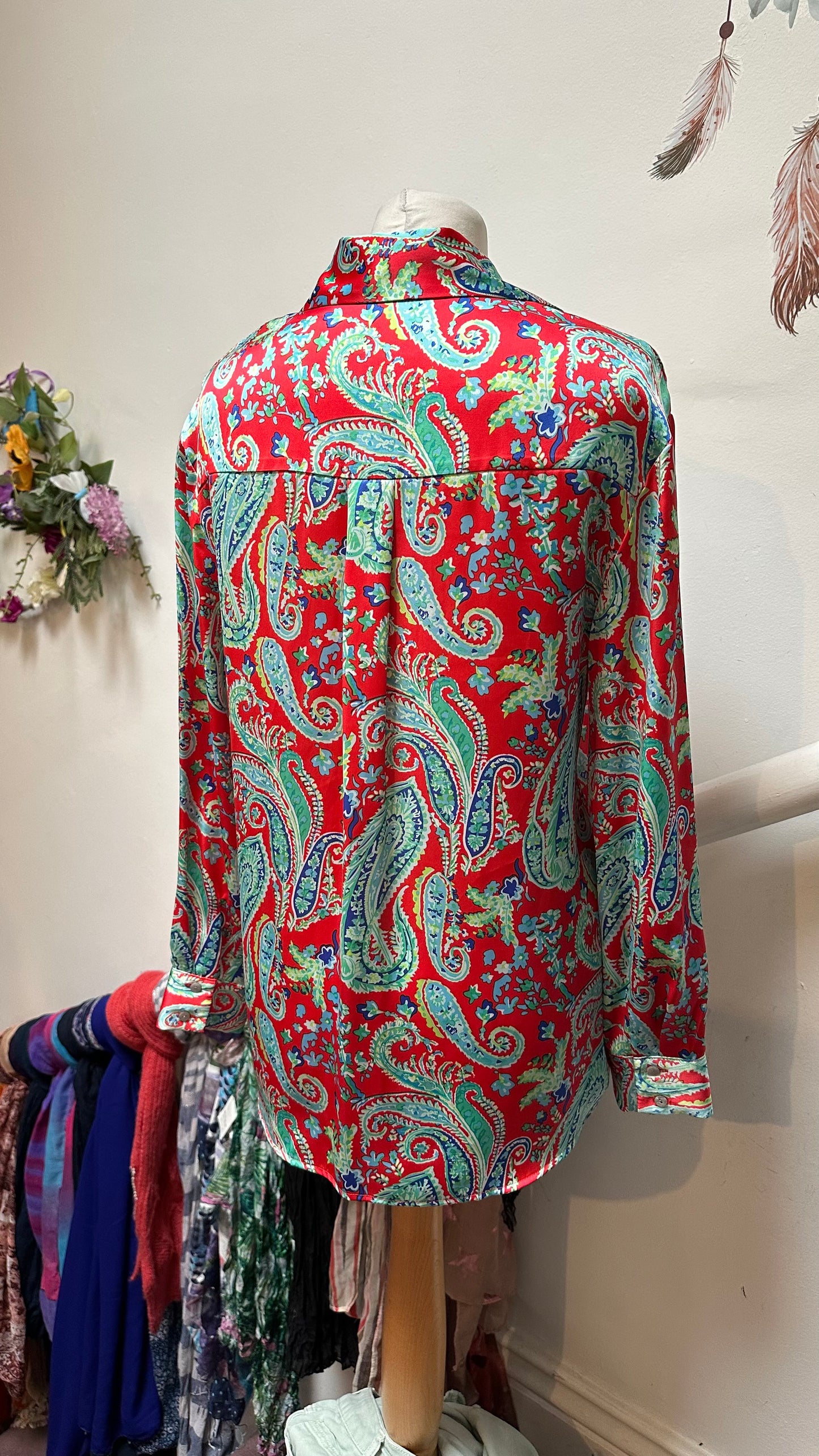 Dunnes Red/Turquoise Paisley Satin Blouse Oversized XS (will fit Size 10)