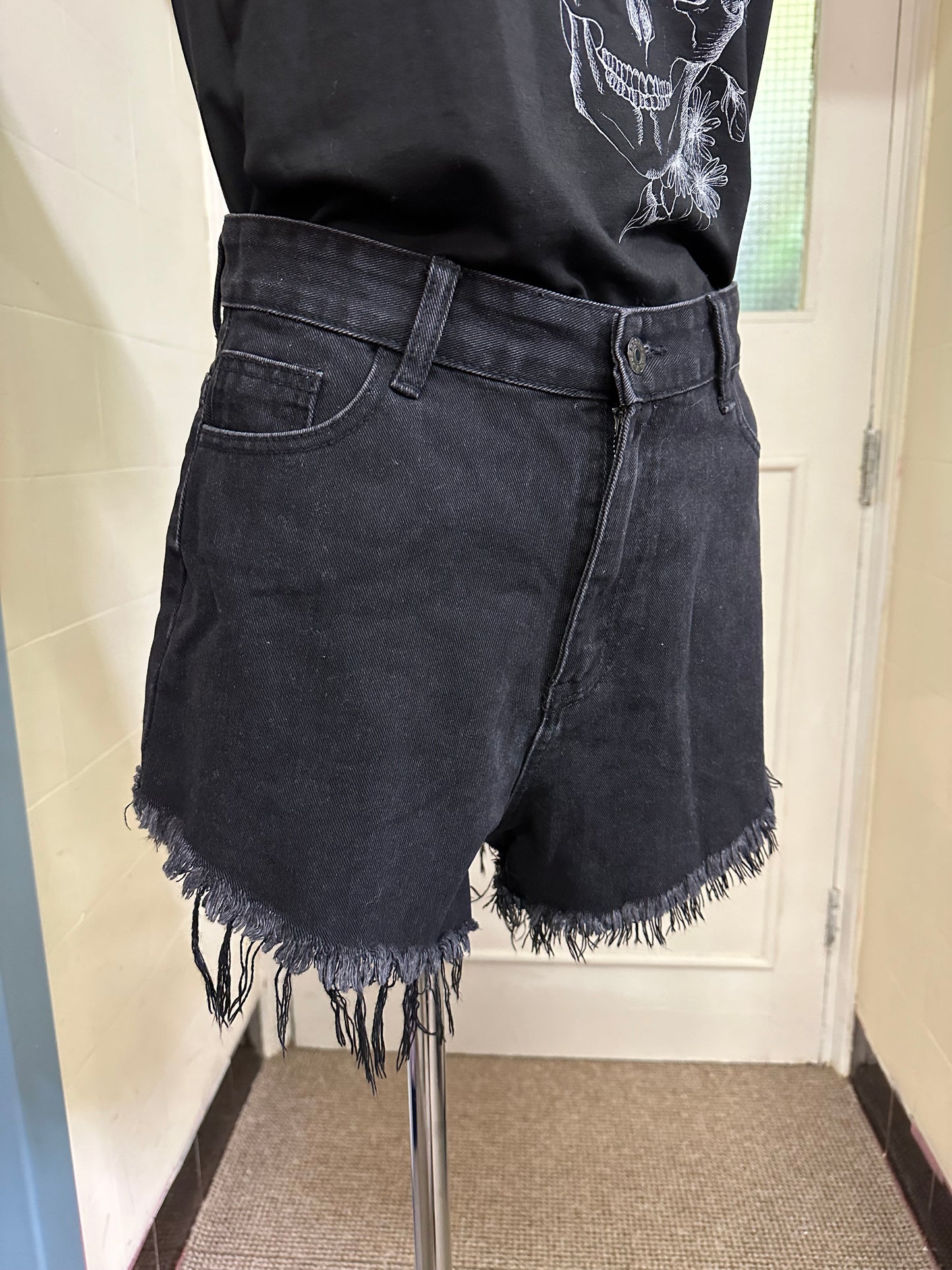 Shein Black Fringed Denim Shorts, small Fitting L (approximate Size 12)