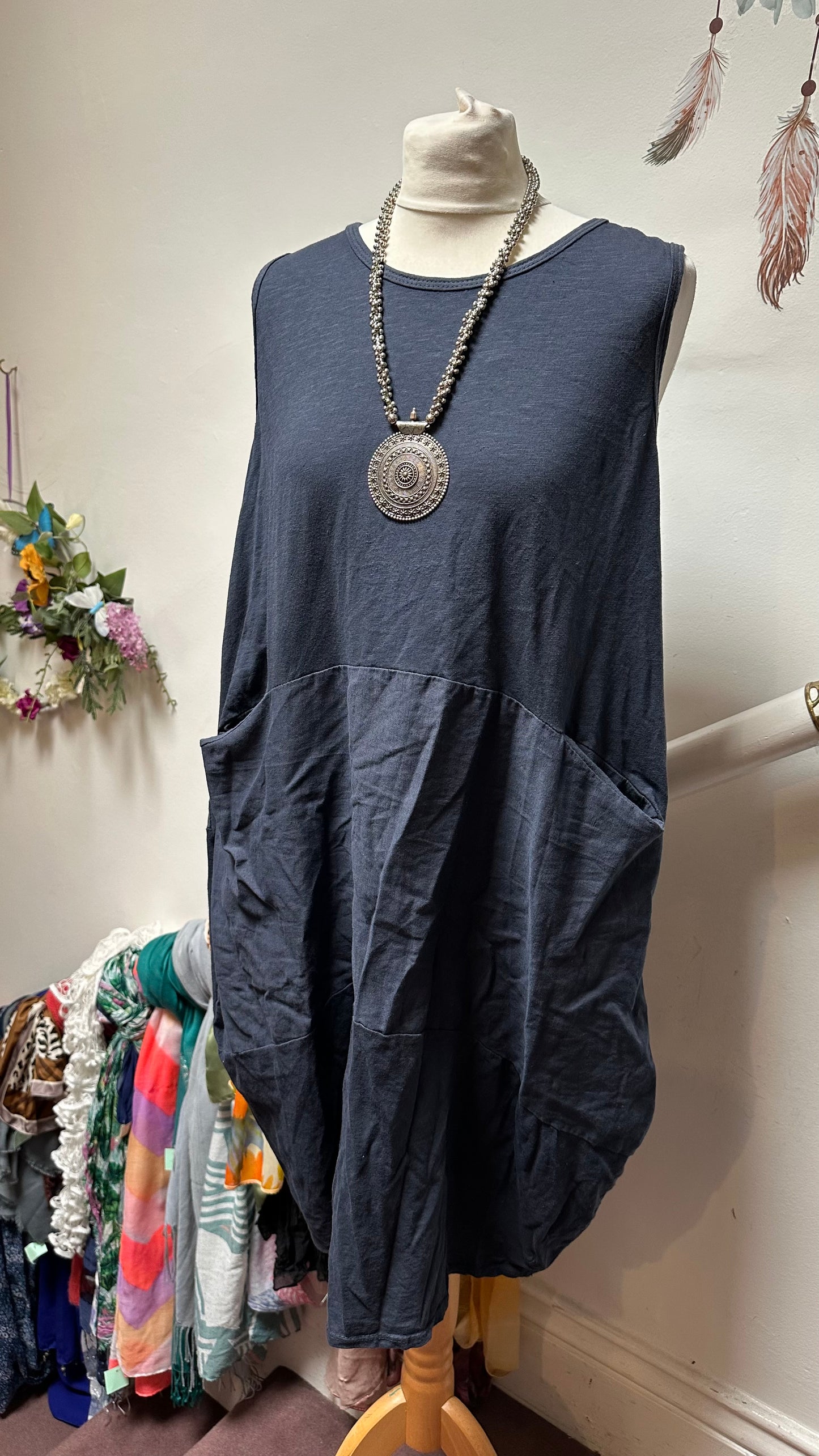 Navy Cotton/Linen Blend Dress with Pockets Best Fit Size L