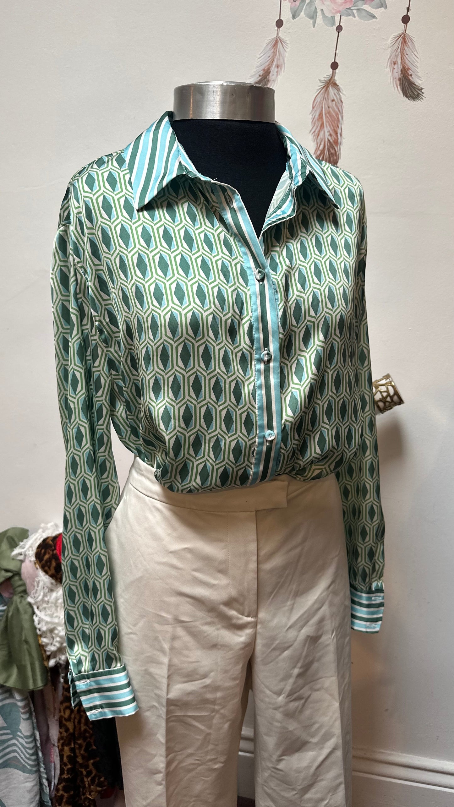 Gallery Elegant Duck Egg Pattern Blouse Size 12