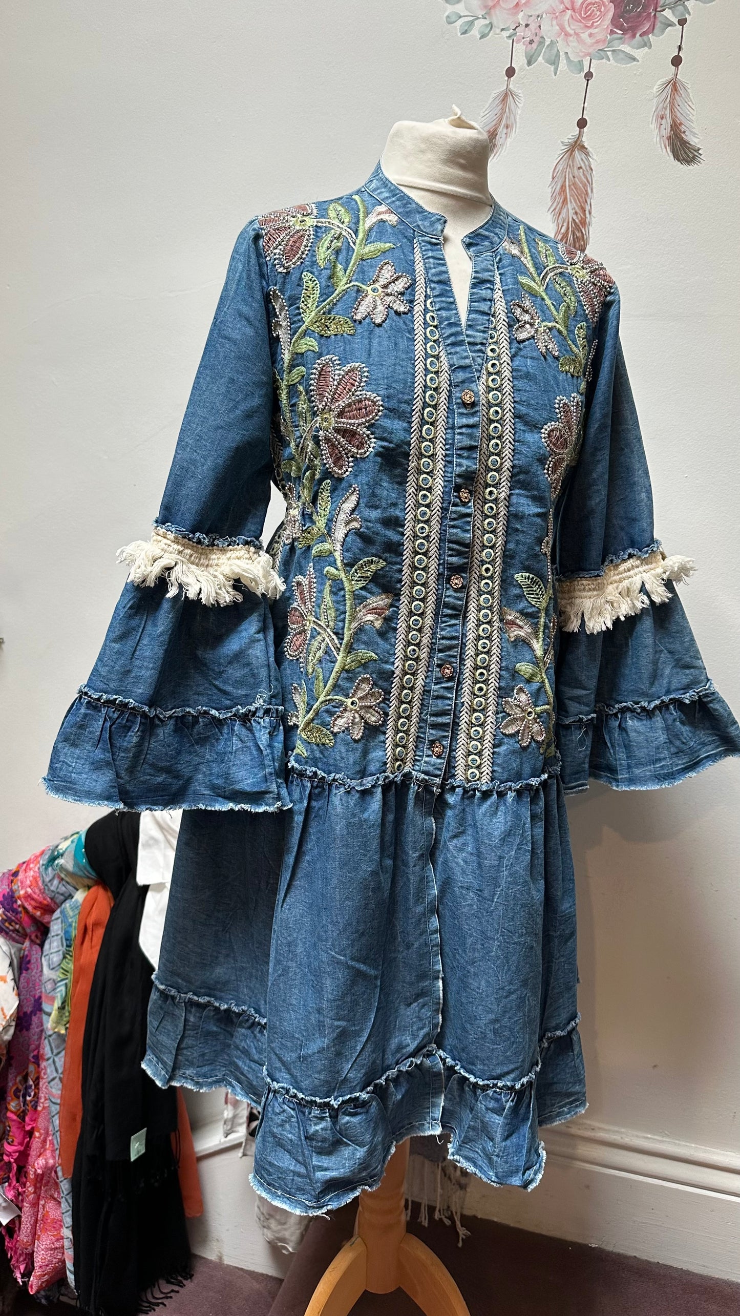 Stunning Handmade by Siya Denim Embroidered Tunic Dress 100% CottonBest Fit Size 10 (slit at front but could be sewn closed to be worn as dress)