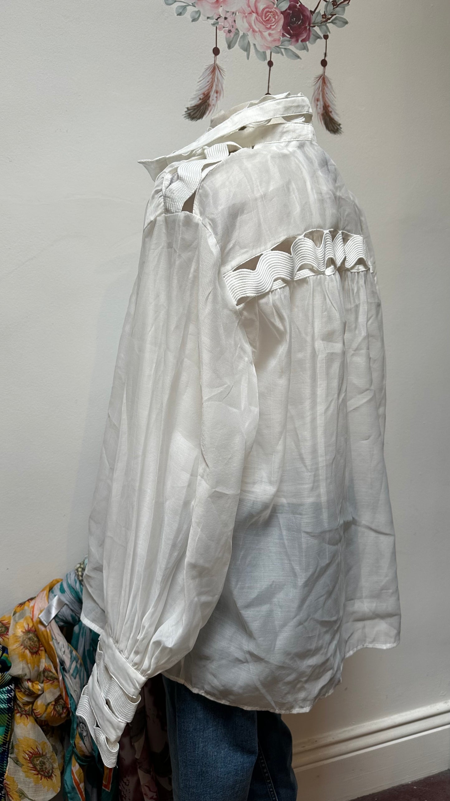 Eccentric White Semi-Sheer Blouse with Zip Cuffs Size L
